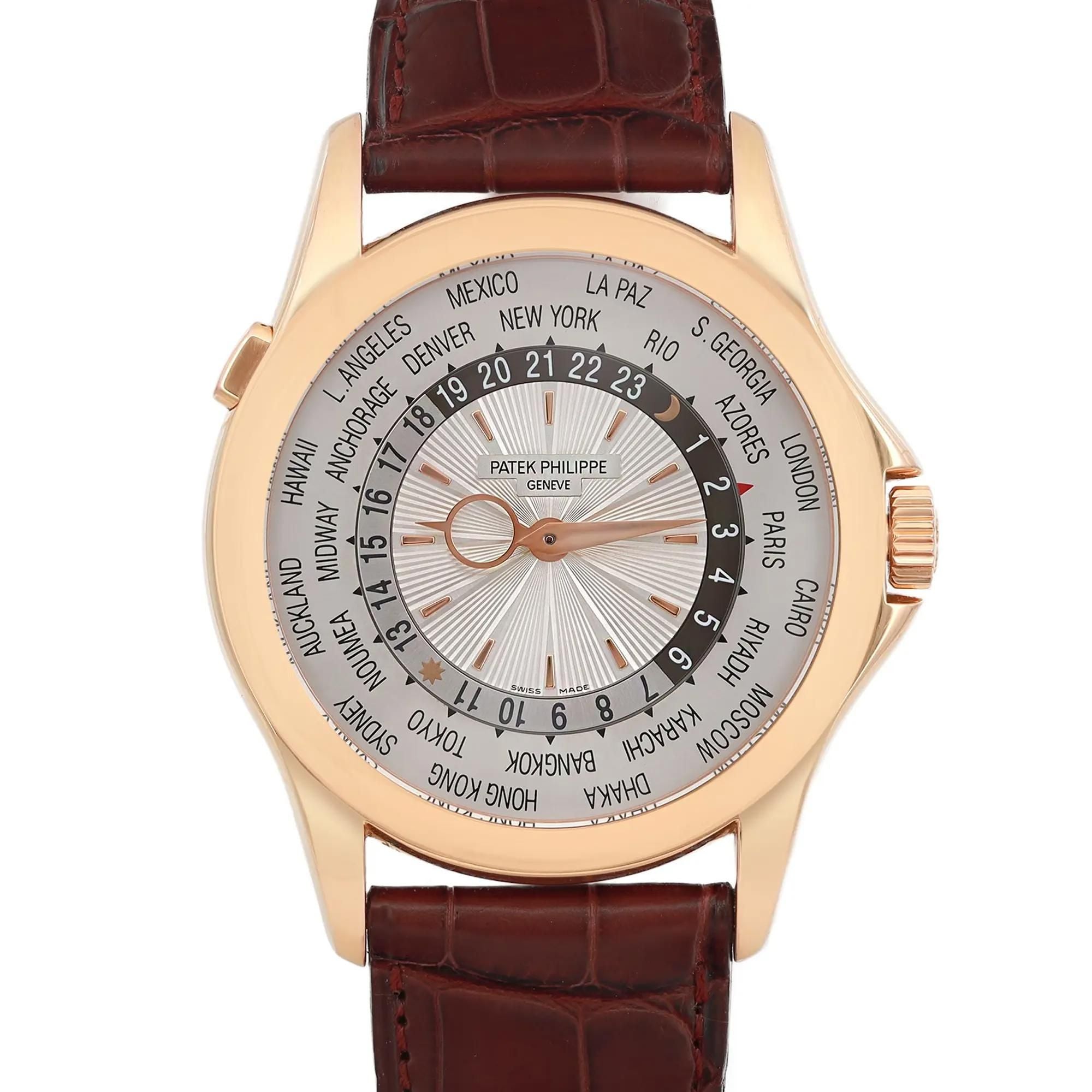 Patek Philippe World Time 18k Rose Gold Silver Dial Men Watch 5130R-001