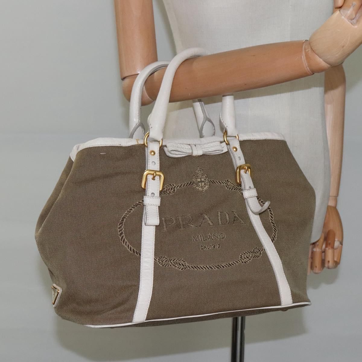 Prada Hand Bag Canvas Beige White Gold Auth