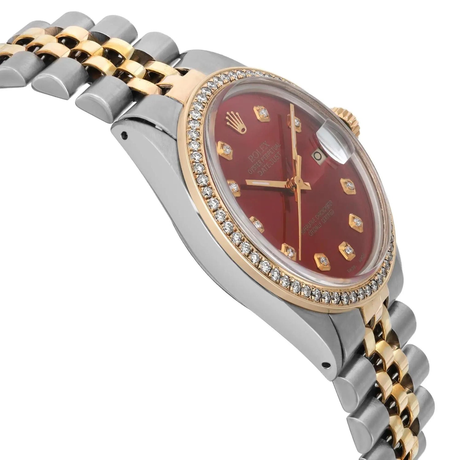 Rolex Datejust 36mm Steel 18K Yellow Gold Custom Diamond Red Dial Watch 16013