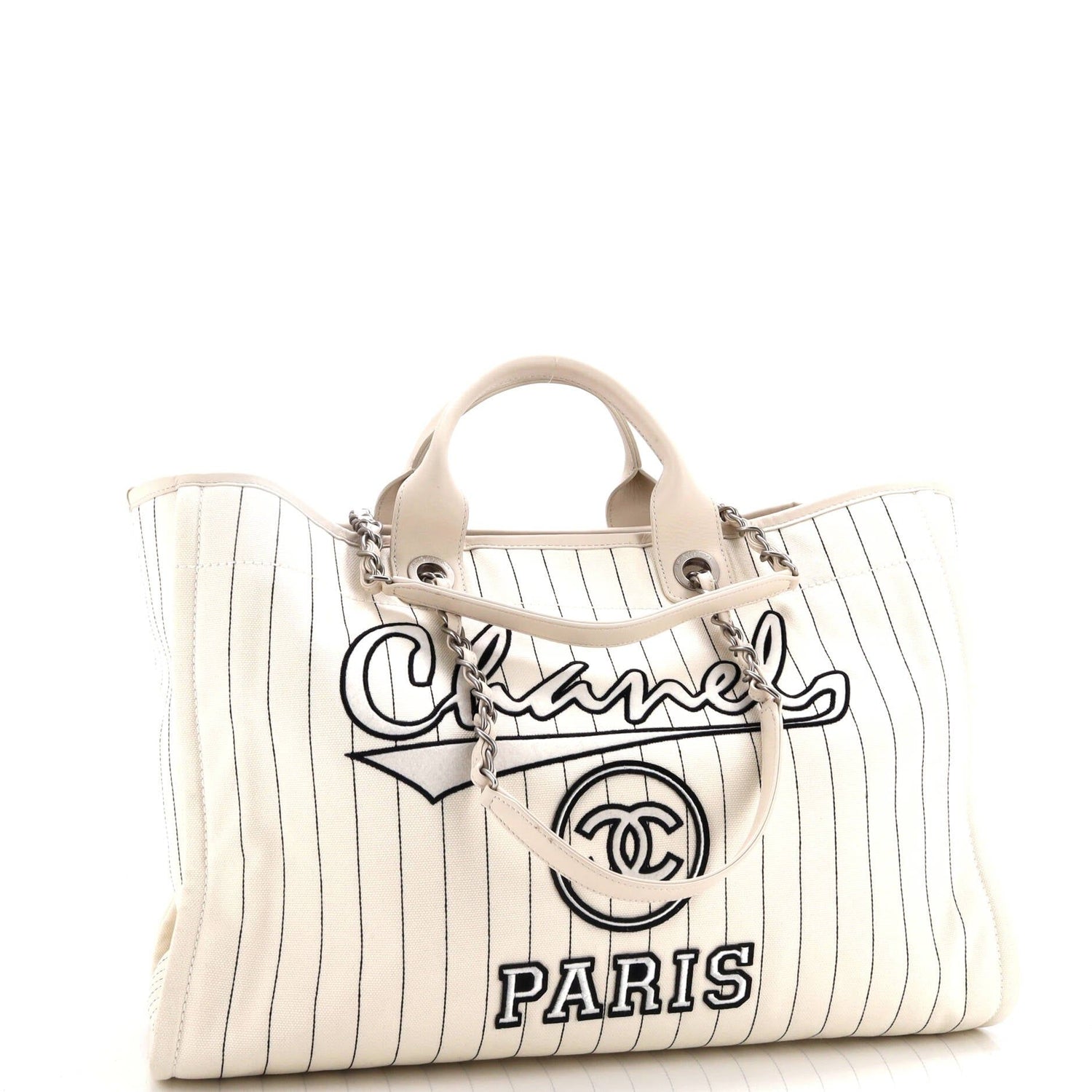 Chanel Deauville Tote Pinstripe Cotton Medium