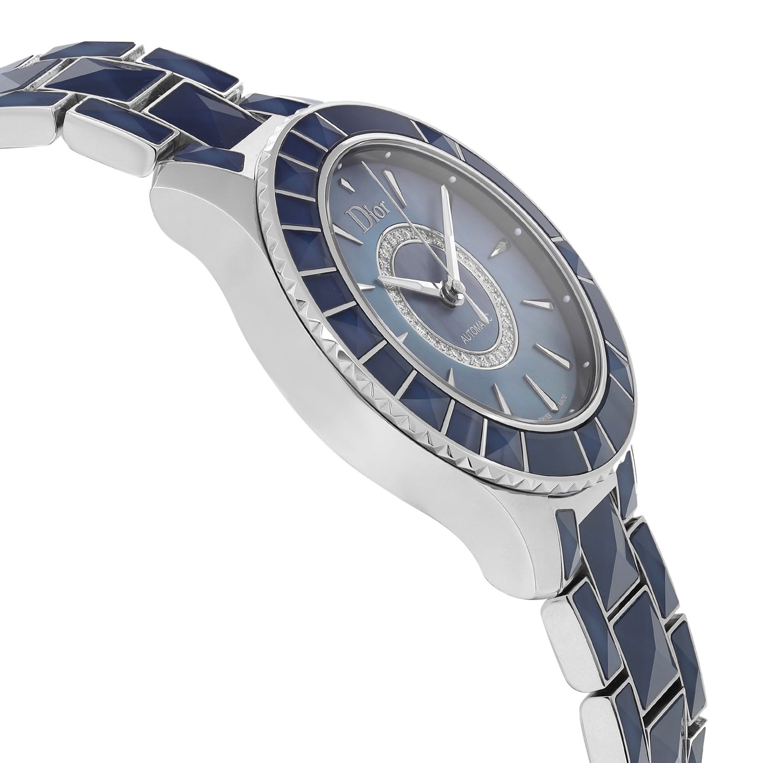 Christian Dior Christal Steel Blue MOP Diamond Dial Automatic Watch CD144517M001