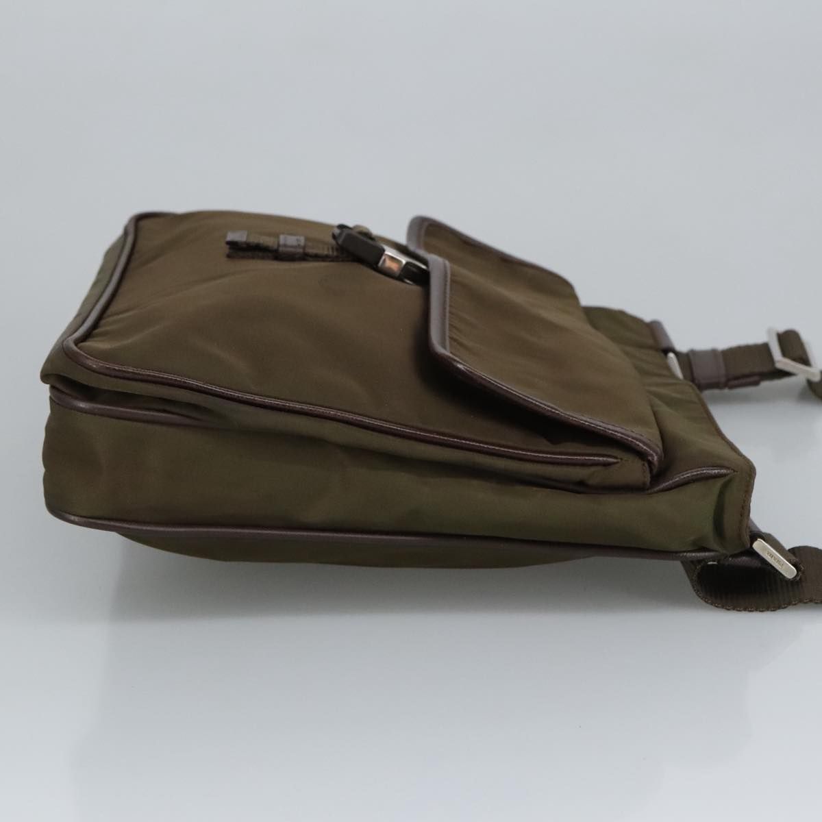 Prada Shoulder Bag Nylon Khaki Brown Silver Auth