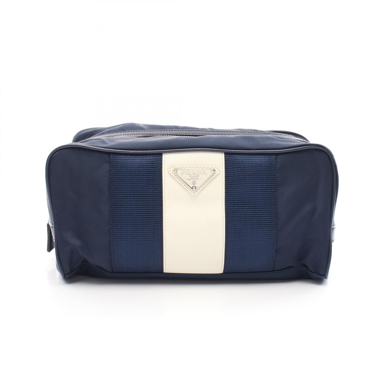 Prada Clutch Nylon Saffiano Leather Navy Beige