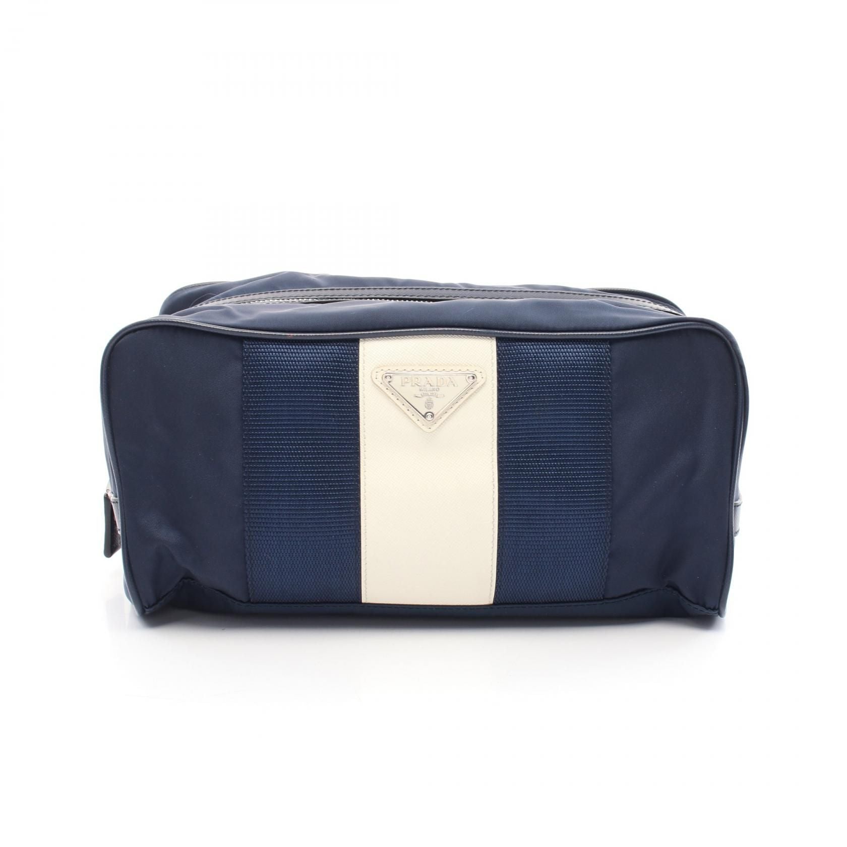Prada Clutch Nylon Saffiano Leather Navy Beige