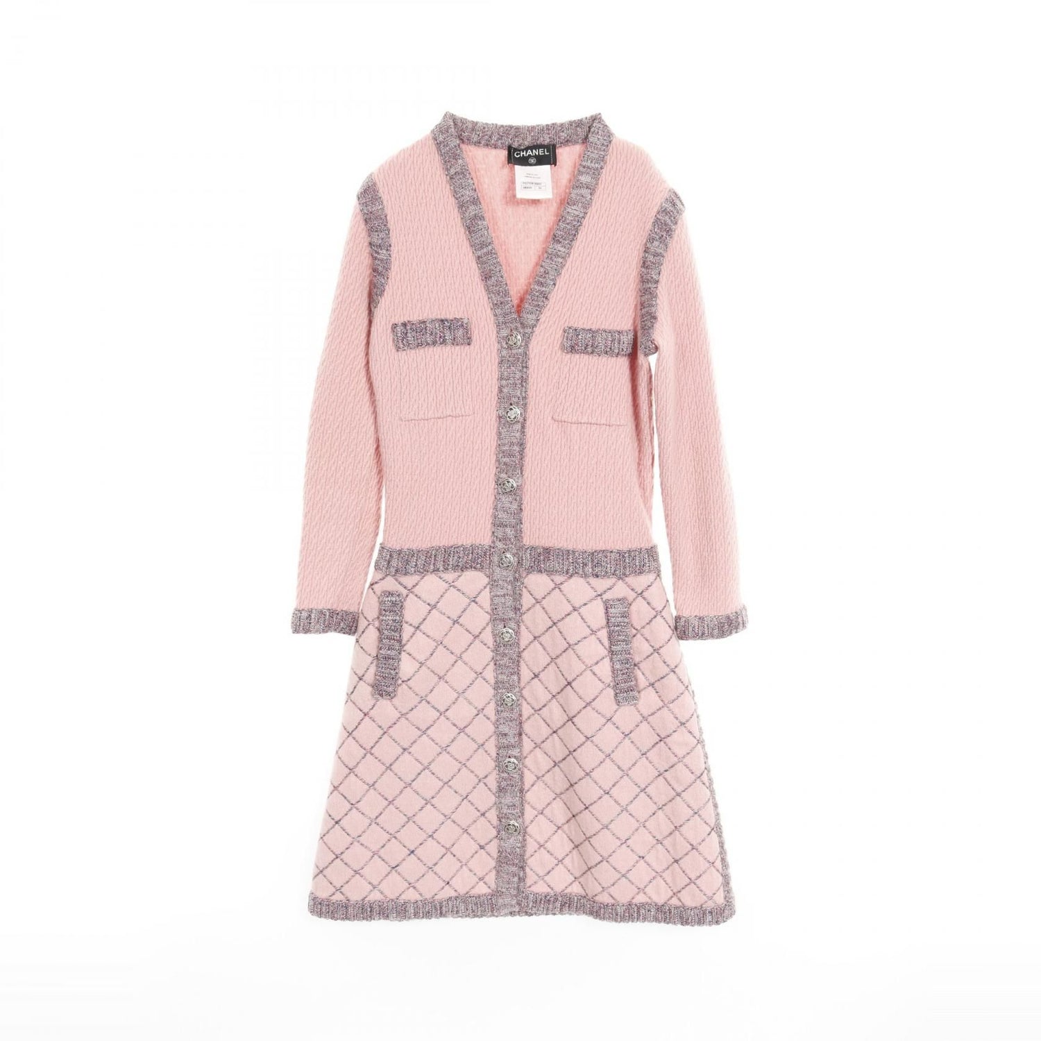 Chanel Pink Blue Gray Camelia Button Dress Silk Cashmere P 52761
