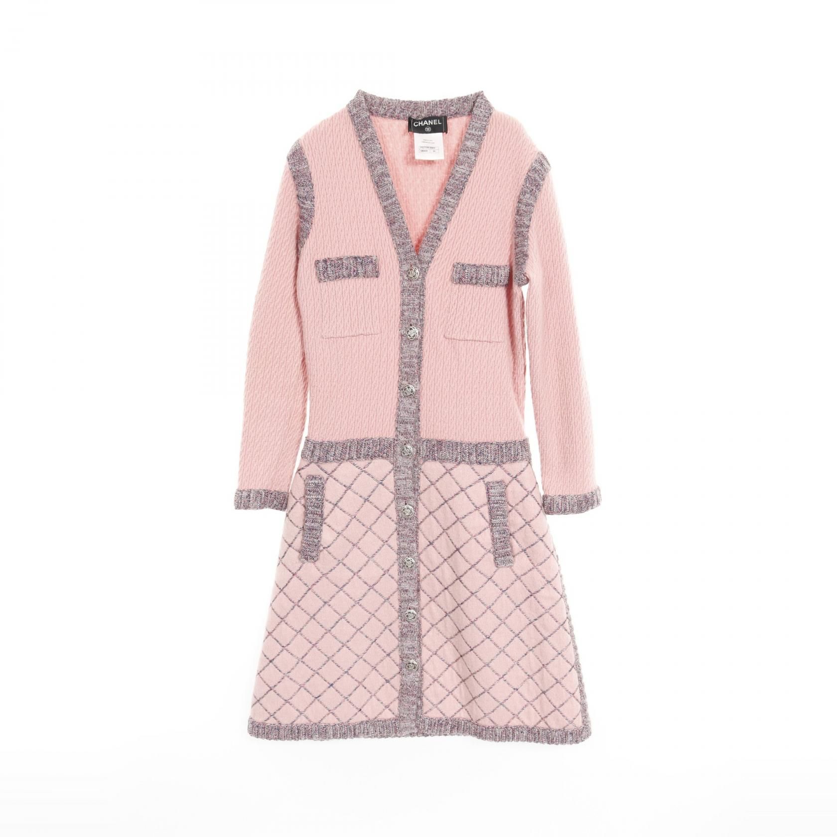 Chanel Pink Blue Gray Camelia Button Dress Silk Cashmere P 52761