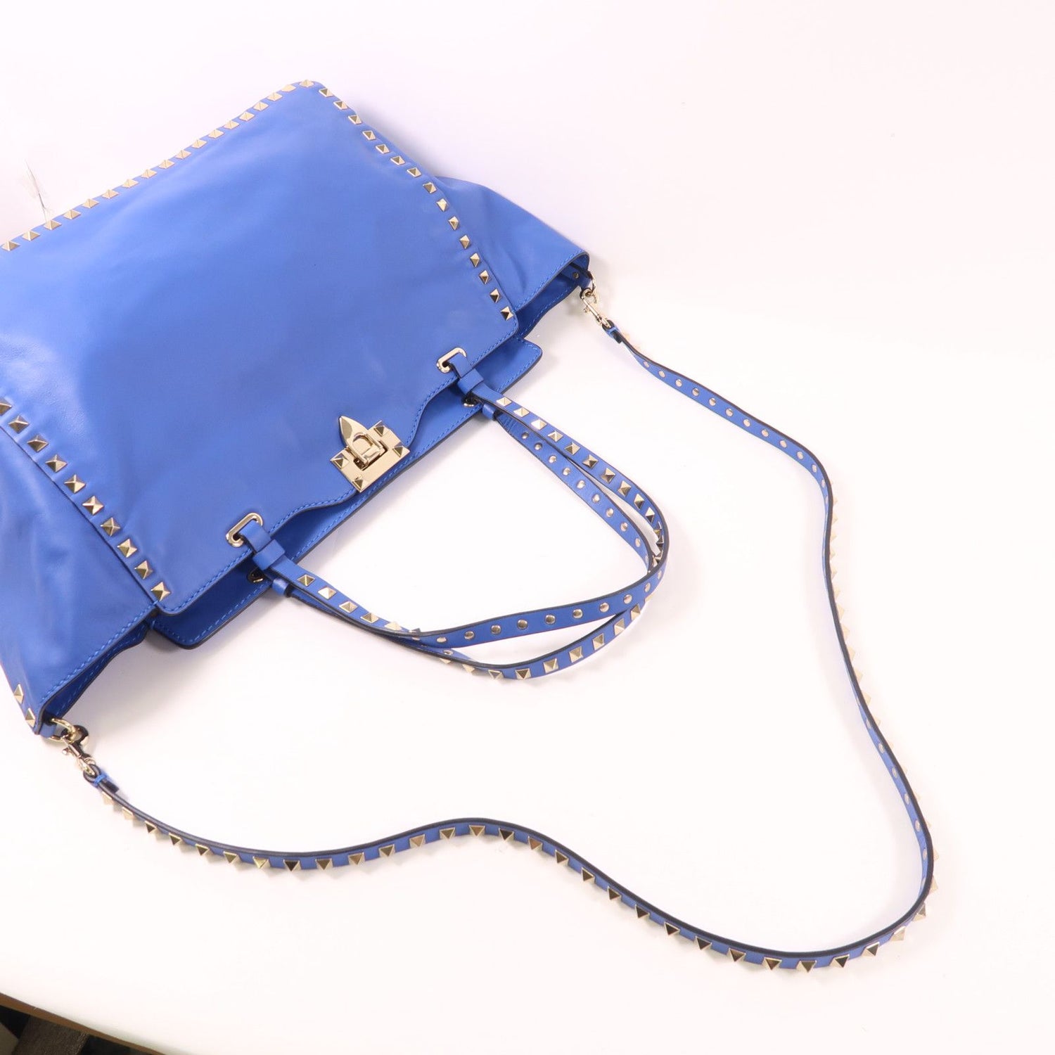 Valentino Cowhide Leather 2Way Shoulder Bag Golden Hand-handed Shoulder And Back Bag 2way Shoulder Bag Blue Calfs