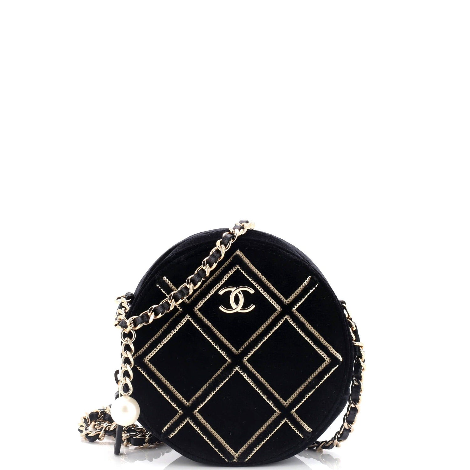 Chanel Round Clutch With Chain Quilted Velvet With Sequins