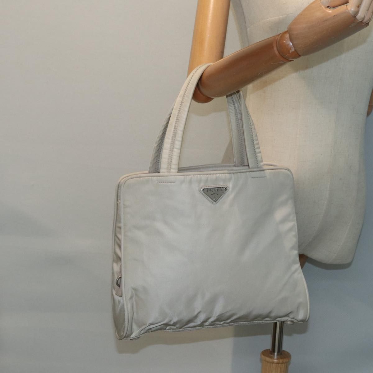 Prada Hand Bag Nylon Beige Silver Auth