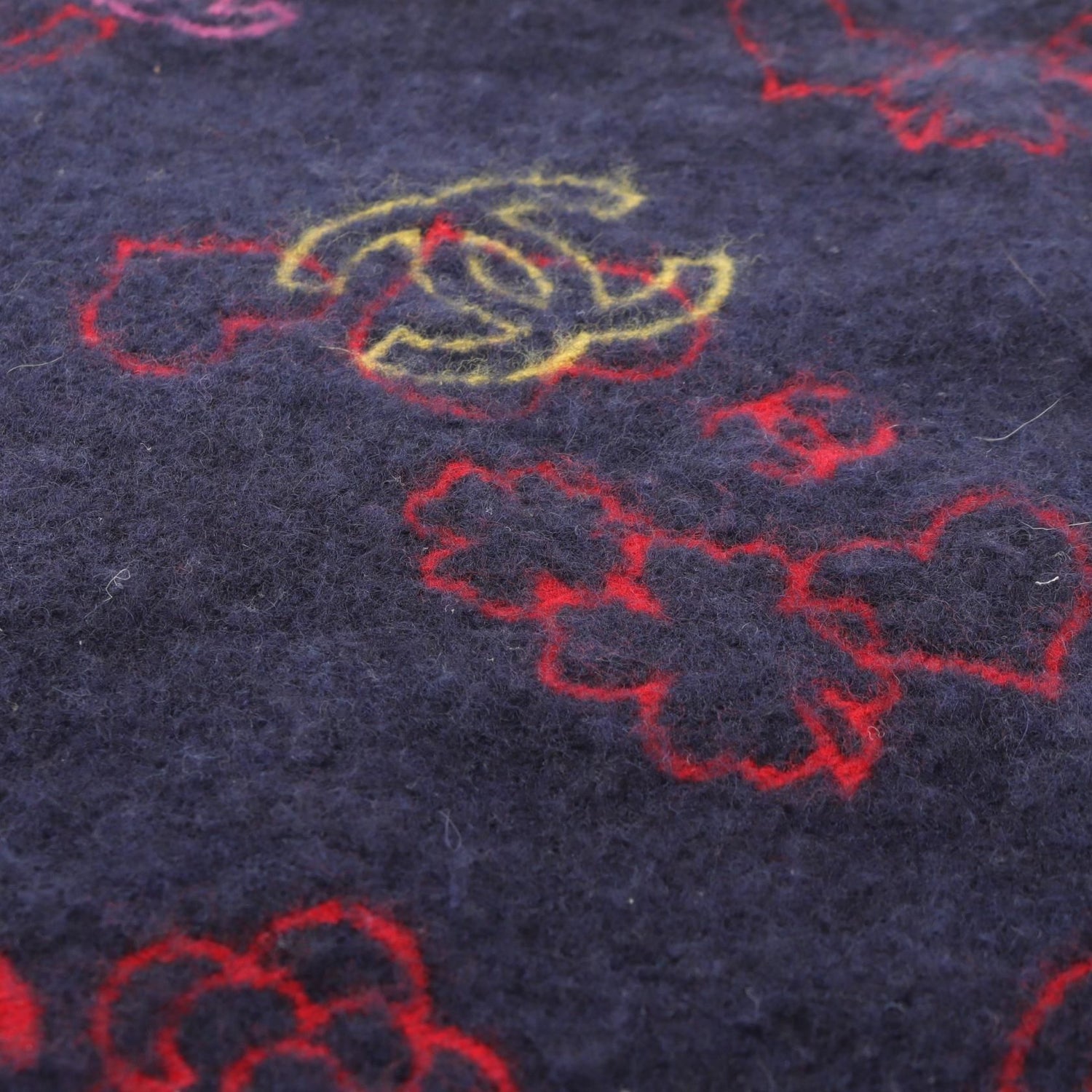 Chanel Navy Multicolor Coco Mark Camelia Scarf Wool Silk Cashmere