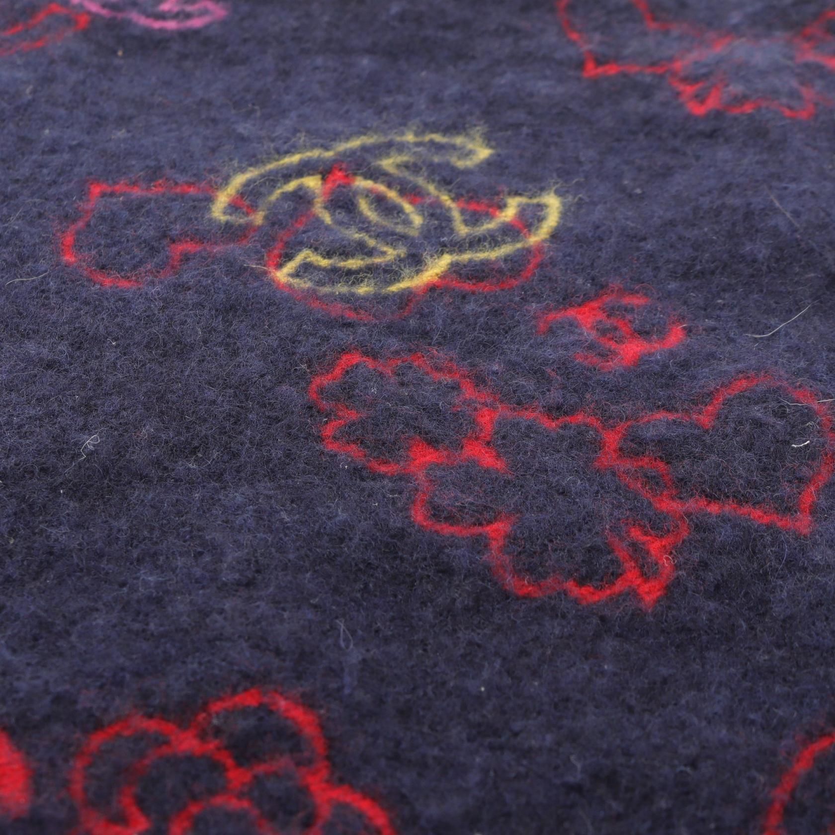 Chanel Navy Multicolor Coco Mark Camelia Scarf Wool Silk Cashmere