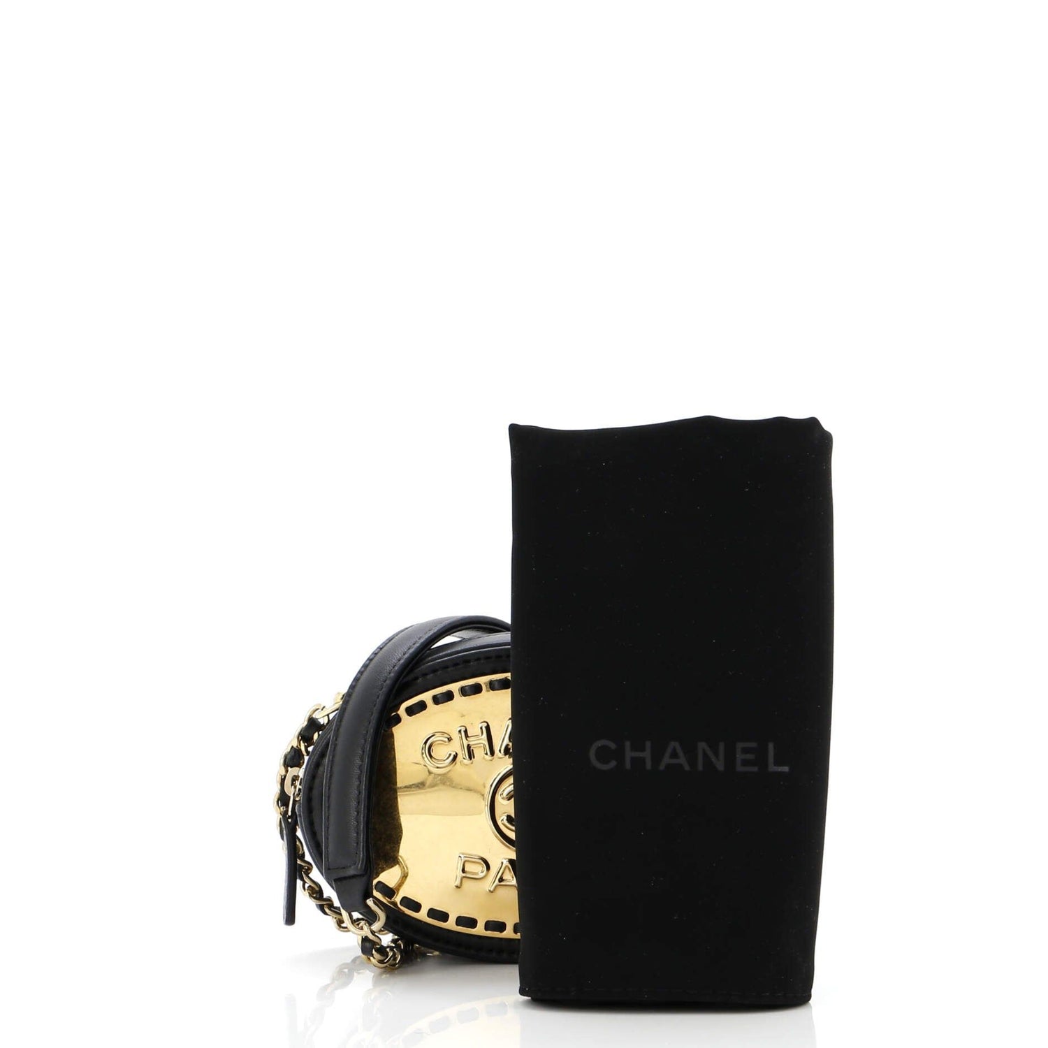 Chanel Logo Plate Oval Clutch With Chain Metal And Lambskin