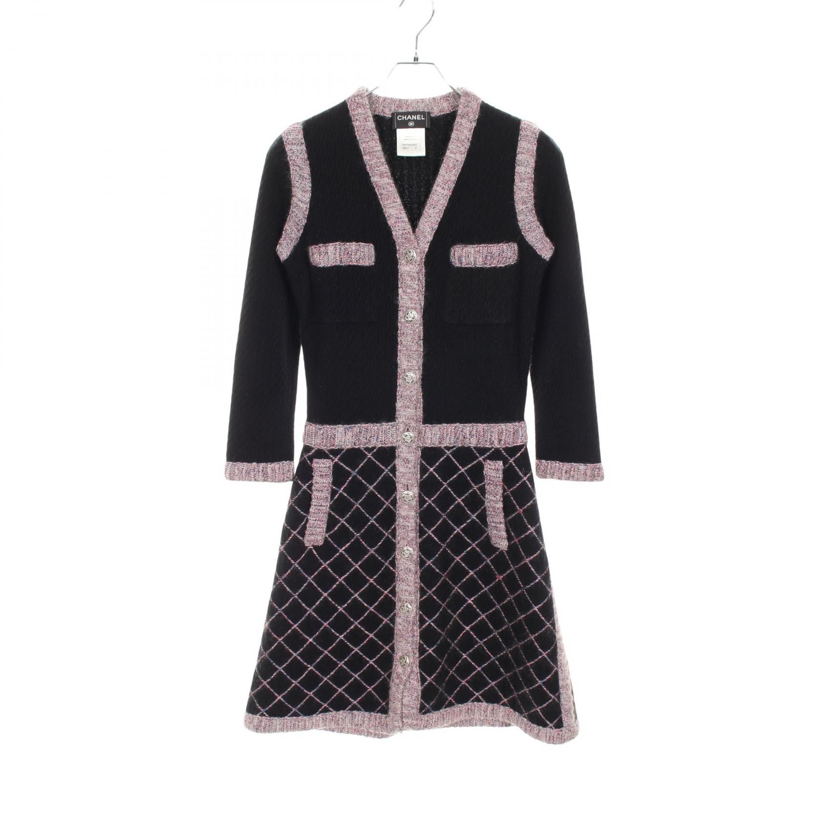 Chanel Black Pink Gray Camelia Button Dress Silk Cashmere P 52761