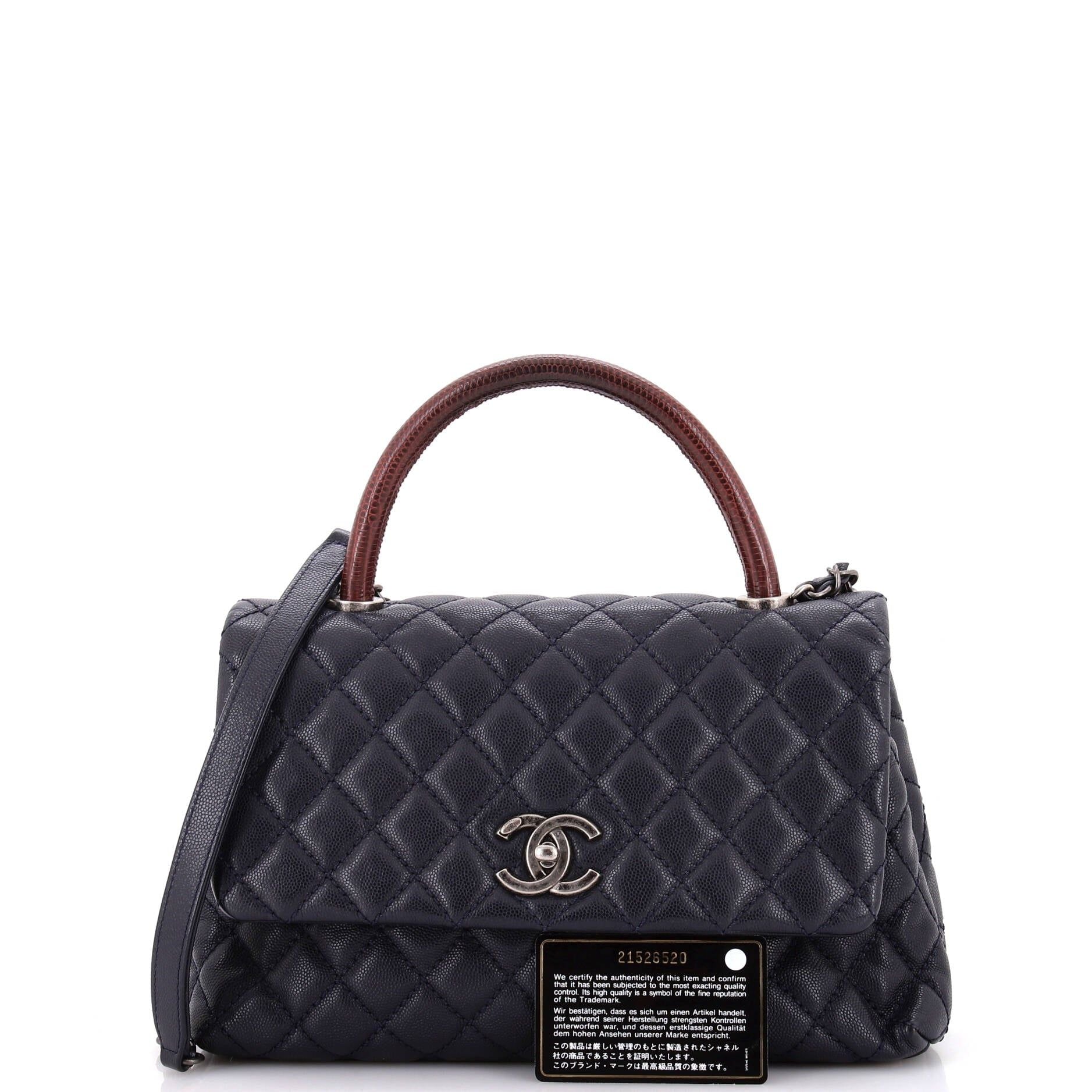 Chanel Coco Top Handle Bag Quilted Caviar With Lizard Small