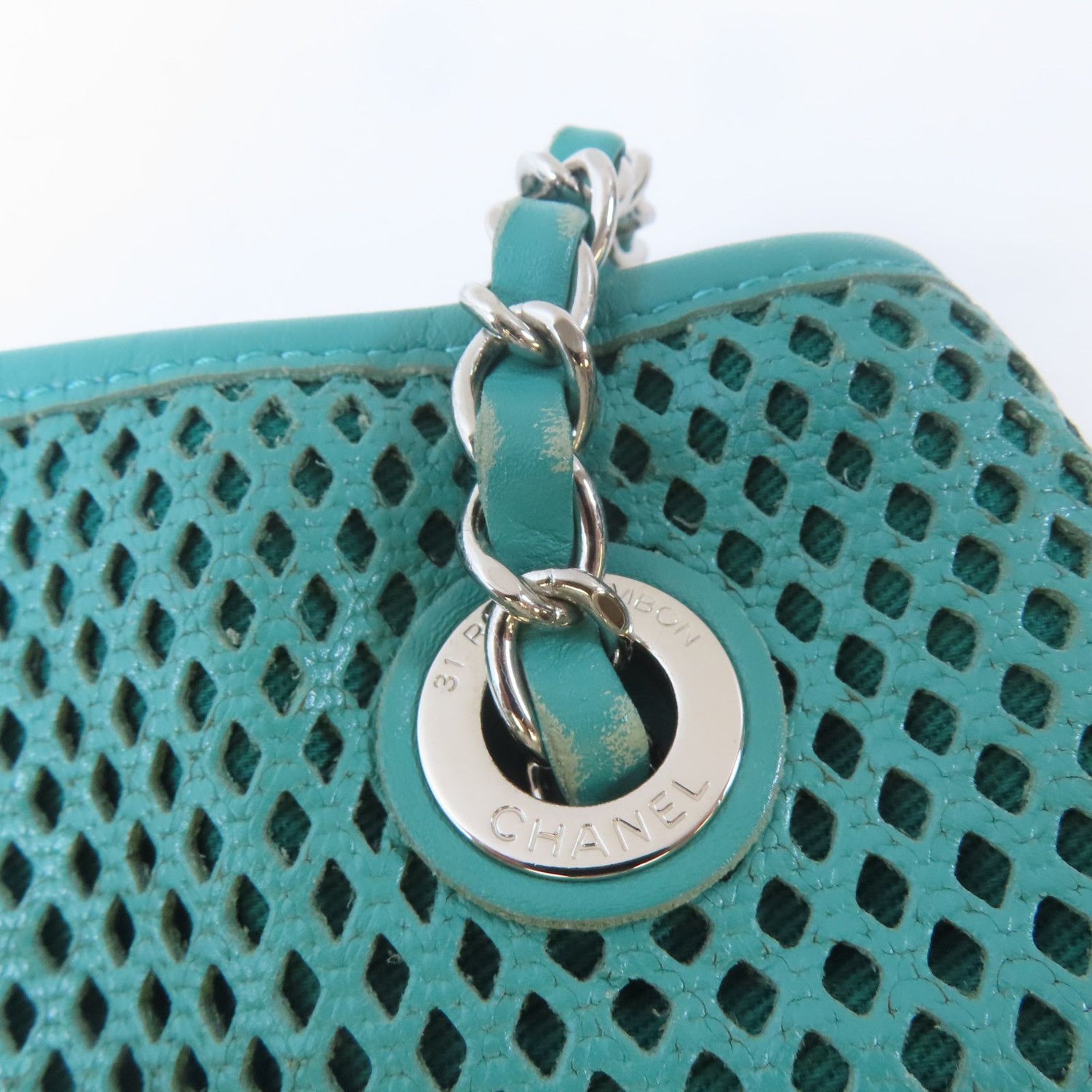 Chanel Green Diamond-shaped Sheepskin Leather Chain Shoulder Bag Silver Cross Shoulder Back