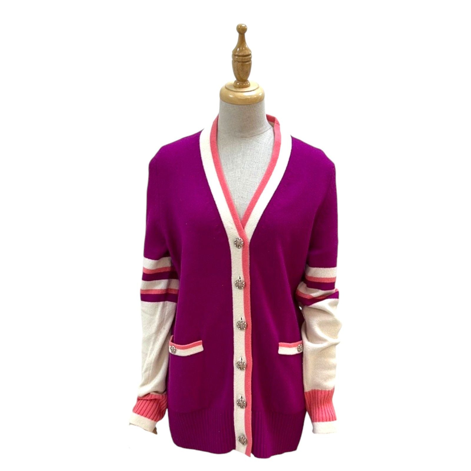 Chanel Cashmere Cardigan Purple White Pink 34