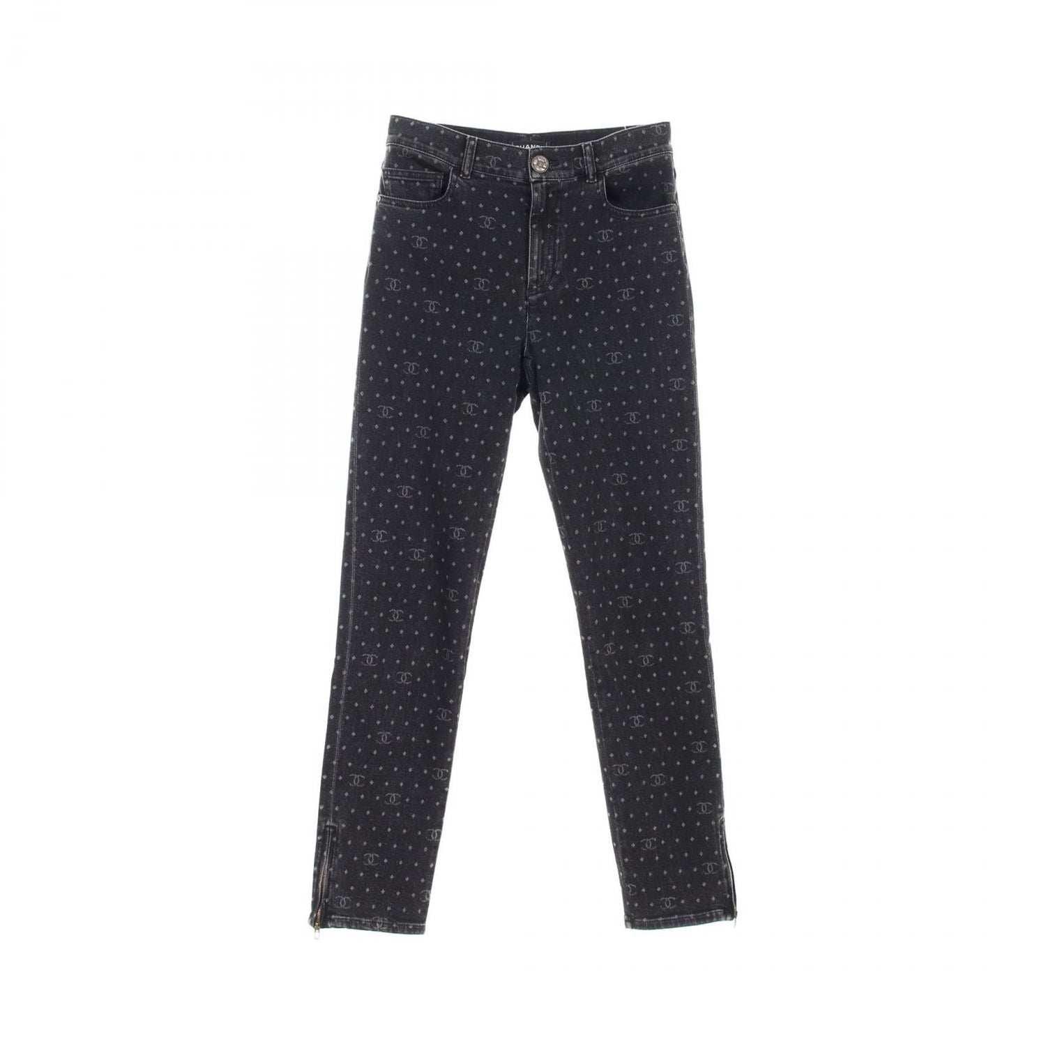 Chanel Black Coco Mark Dot Denim Pants Cotton Polyurethane P 74514v 66052