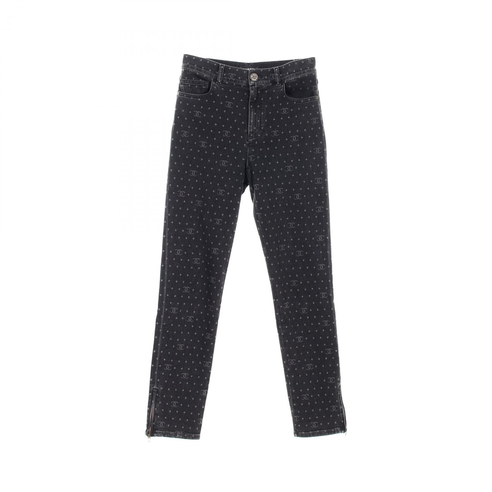 Chanel Black Coco Mark Dot Denim Pants Cotton Polyurethane P 74514v 66052