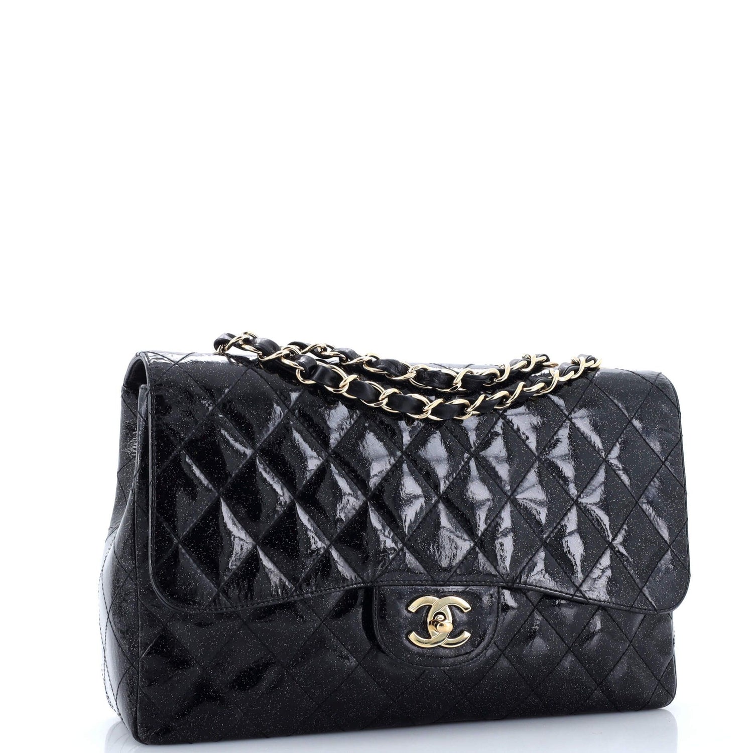 Chanel Vintage Classic Single Flap Bag Quilted Glitter Patent Jumbo