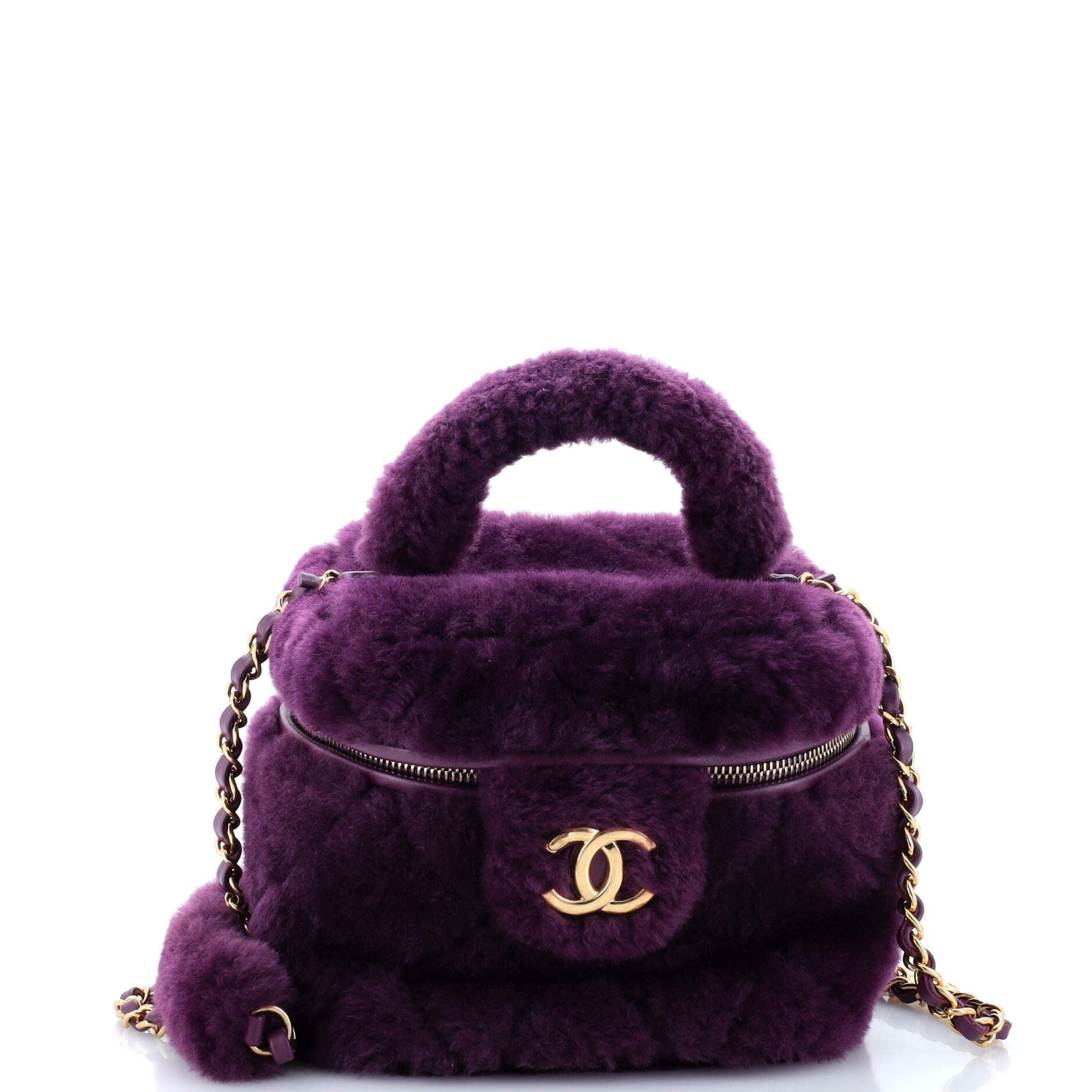 Chanel Coconing Top Handle Vanity Case With Chain Quilted Shearling Small