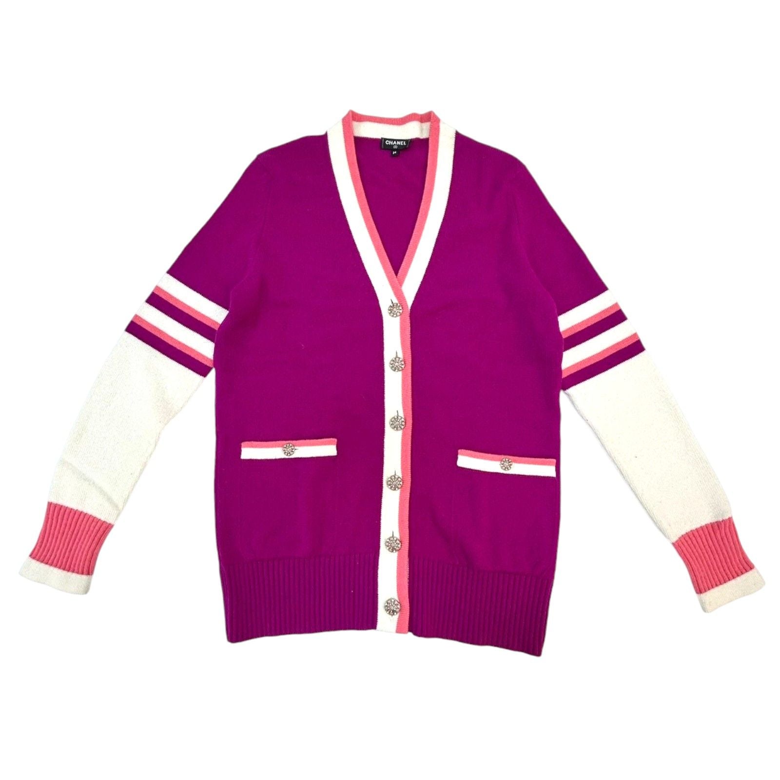 Chanel Cashmere Cardigan Purple White Pink 34