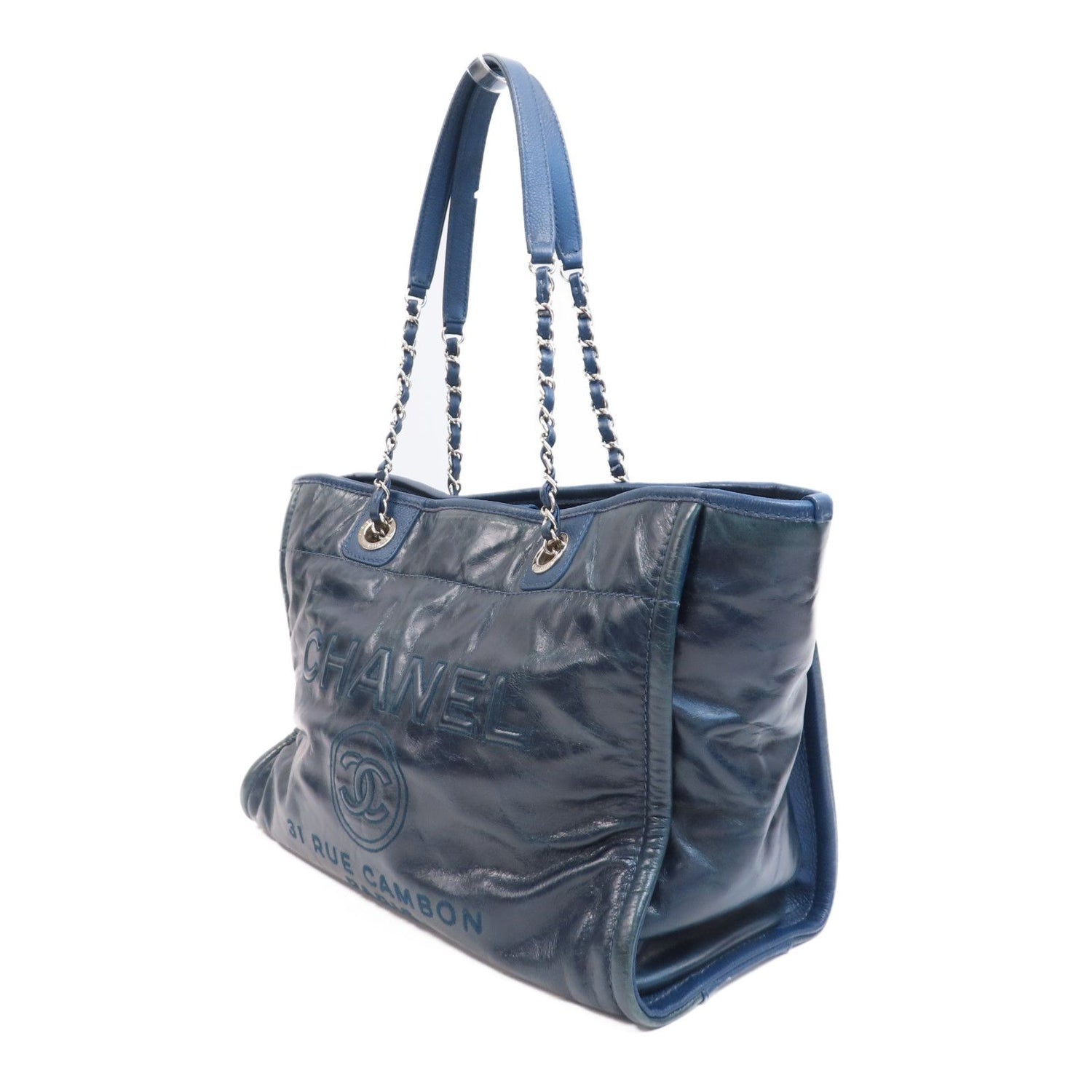 Chanel Blue Cowhide Leather Tote Ginpaku Hand-turned Bag Blue Tote Bag Calfskin (cowhide)