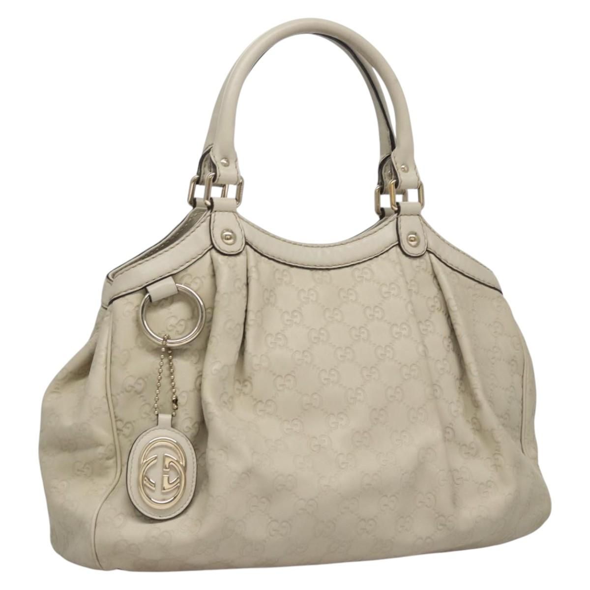 Gucci Gg Canvas Guccissima Hand Bag Leather White Gold 211944 Auth