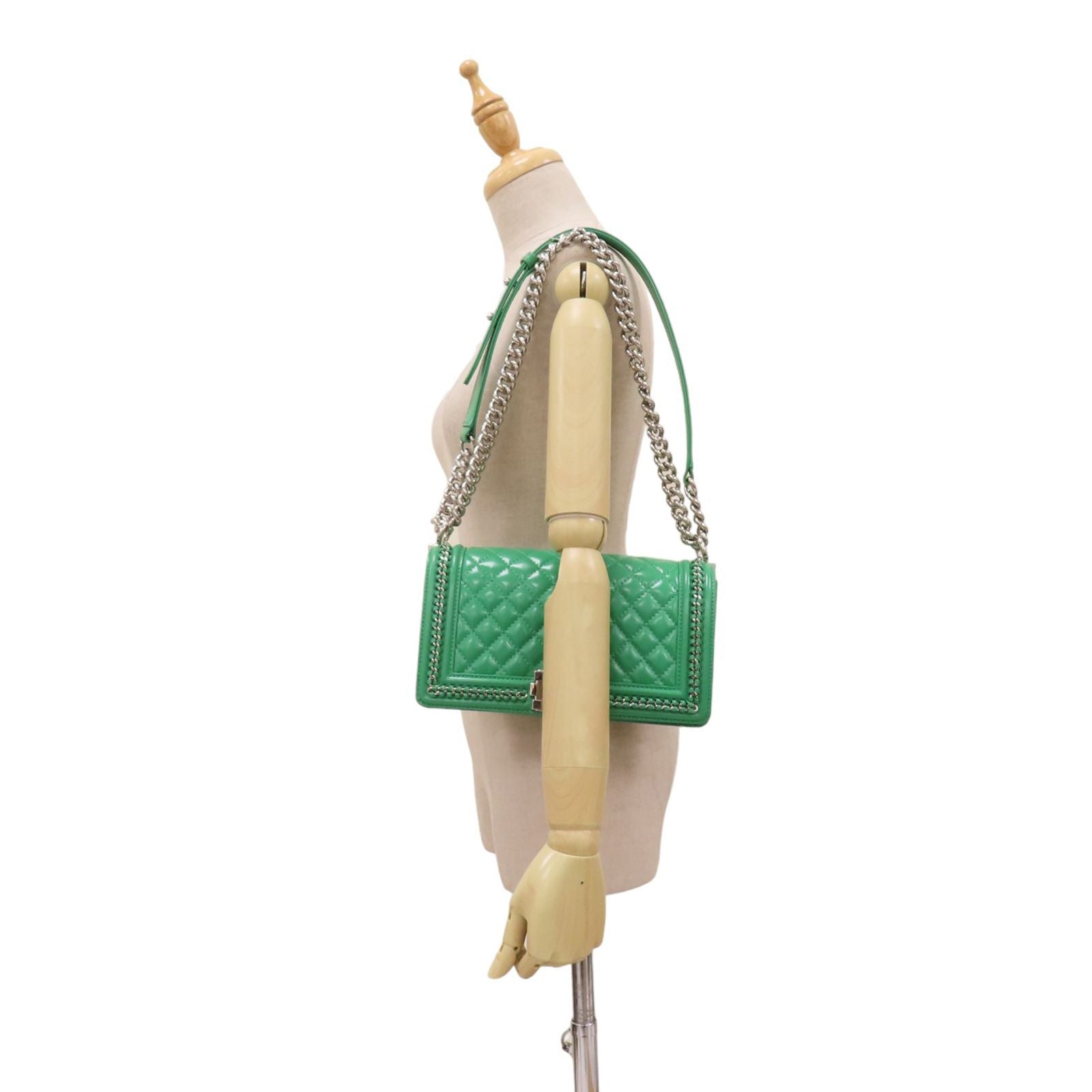 Chanel Matelasse Boy 25 Shoulder Bag Calfskin Green Sliver Tone Metal