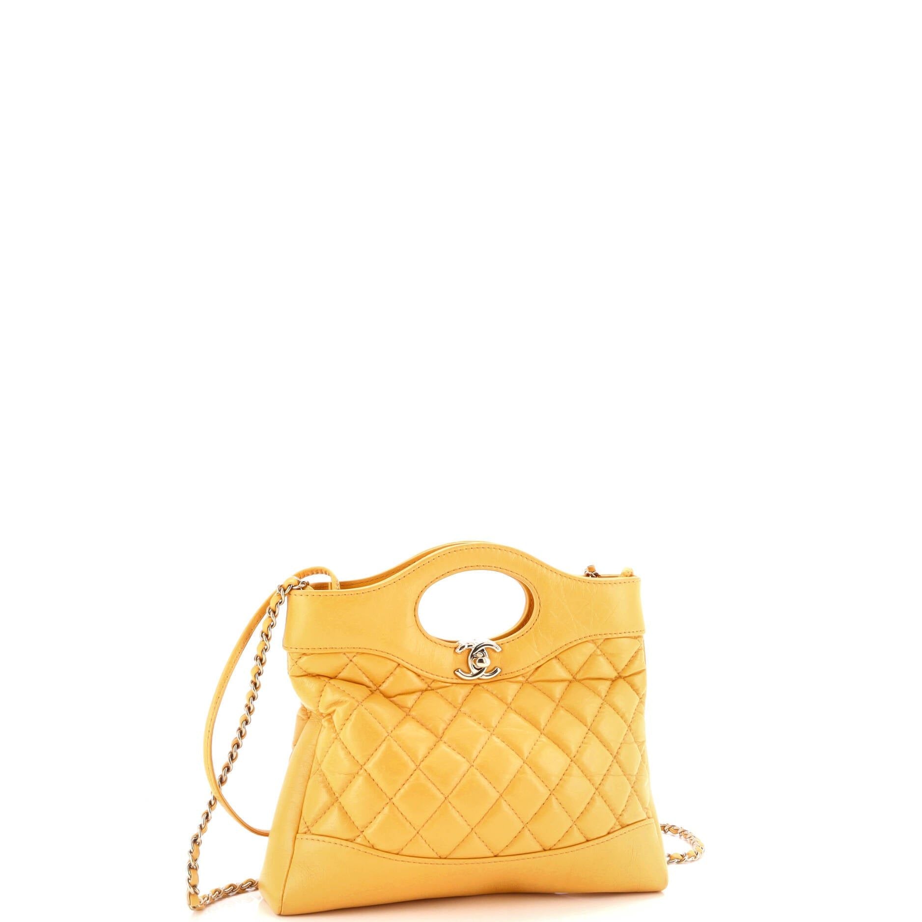 Chanel Yellow Shopping Bag Clutch With Chain Quilted Shiny Lambskin Small