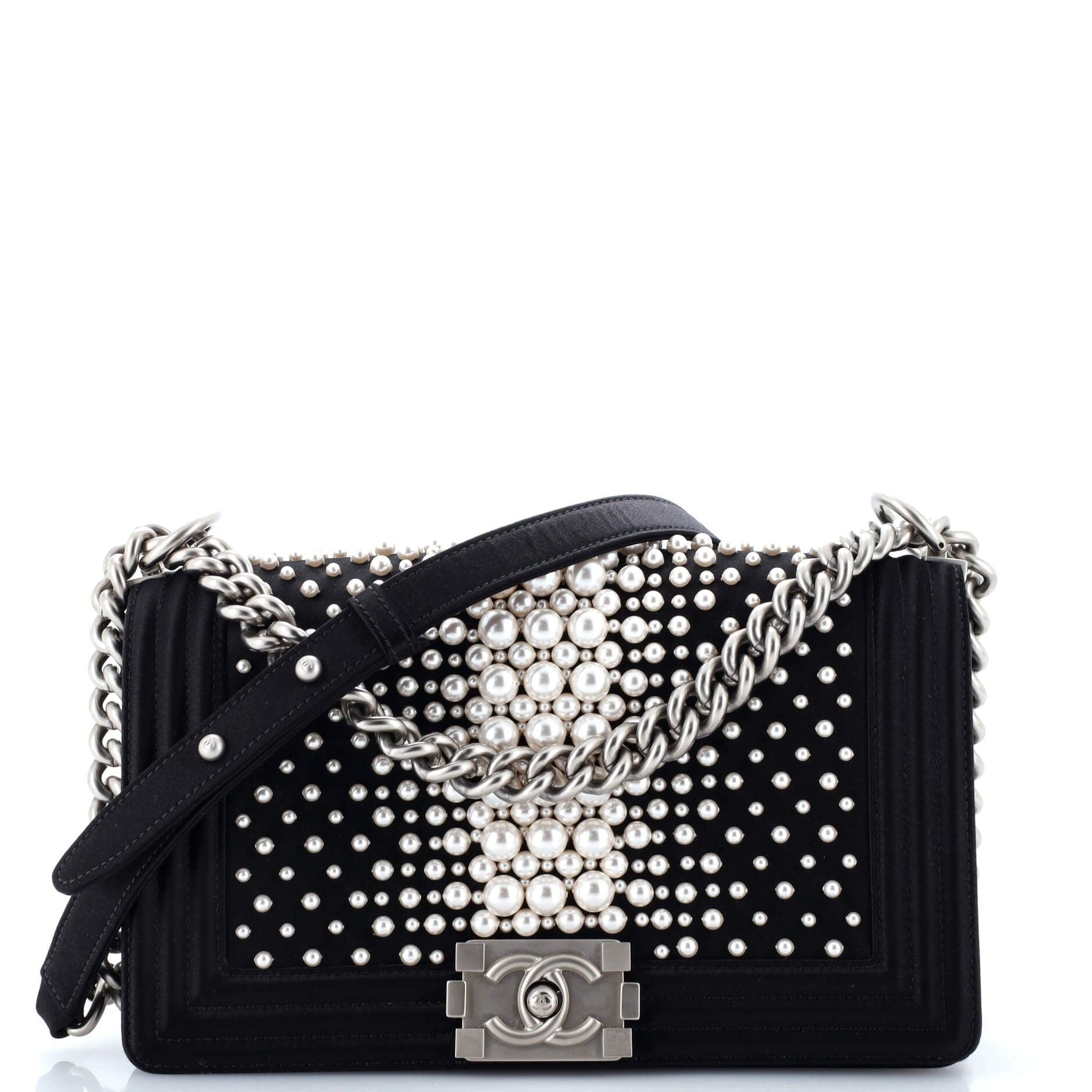 Boy Flap Bag Pearl Embellished Satin Old Medium