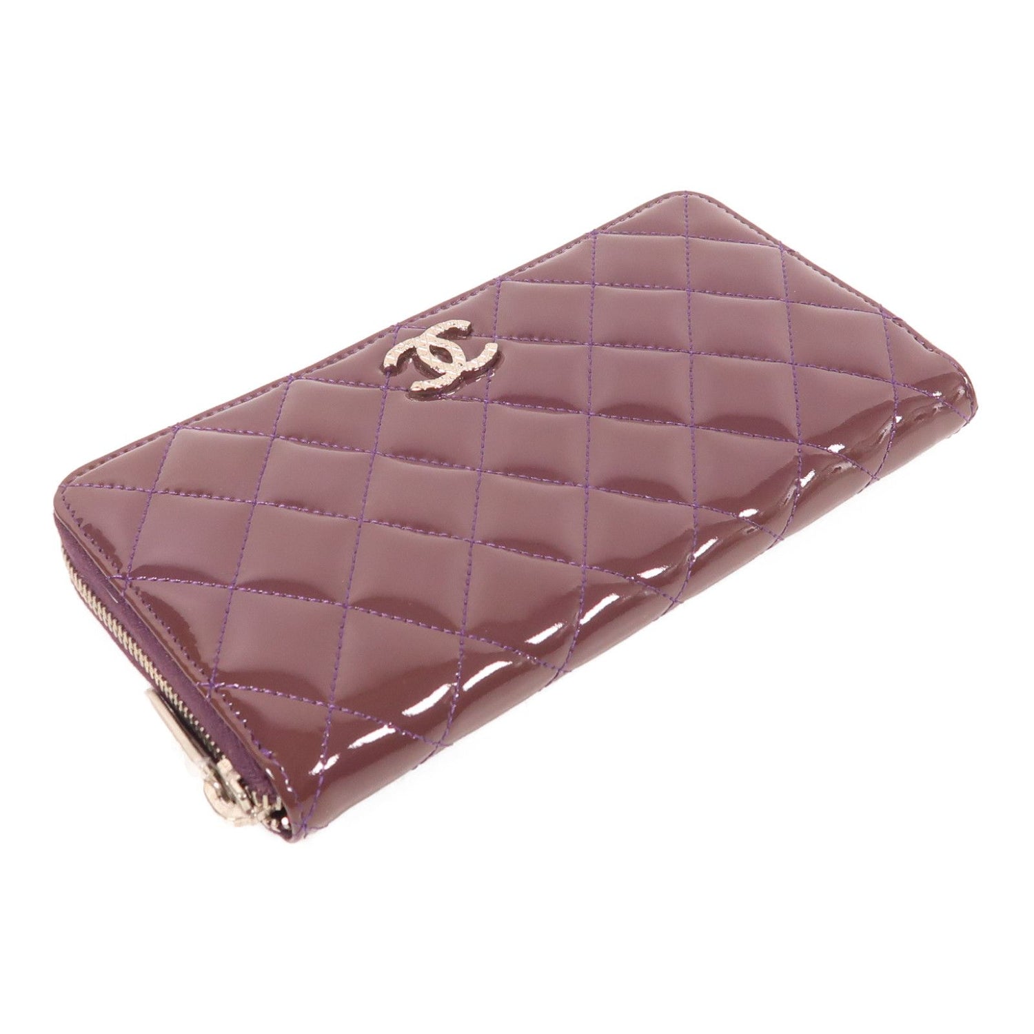 Chanel Purple Purple Enamel Lacquered Leather Long Wallet Silver Pocket Long Wallet Purple L-shaped Zipper Wallet Paten