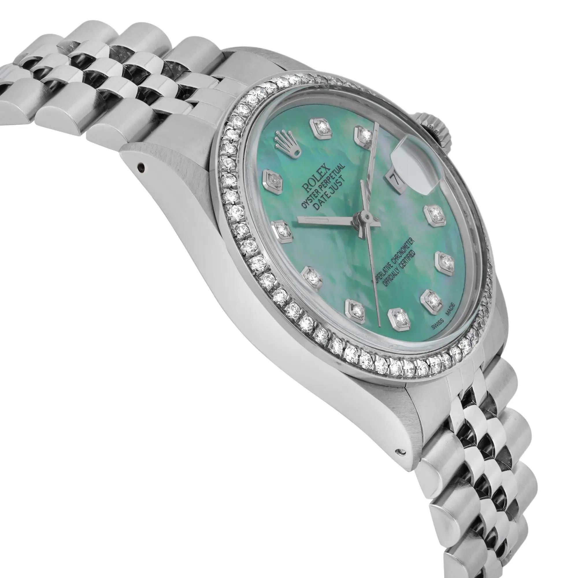 Rolex Datejust 36mm Steel Custom Green Turquoise Diamond Dial Bezel Watch 16030