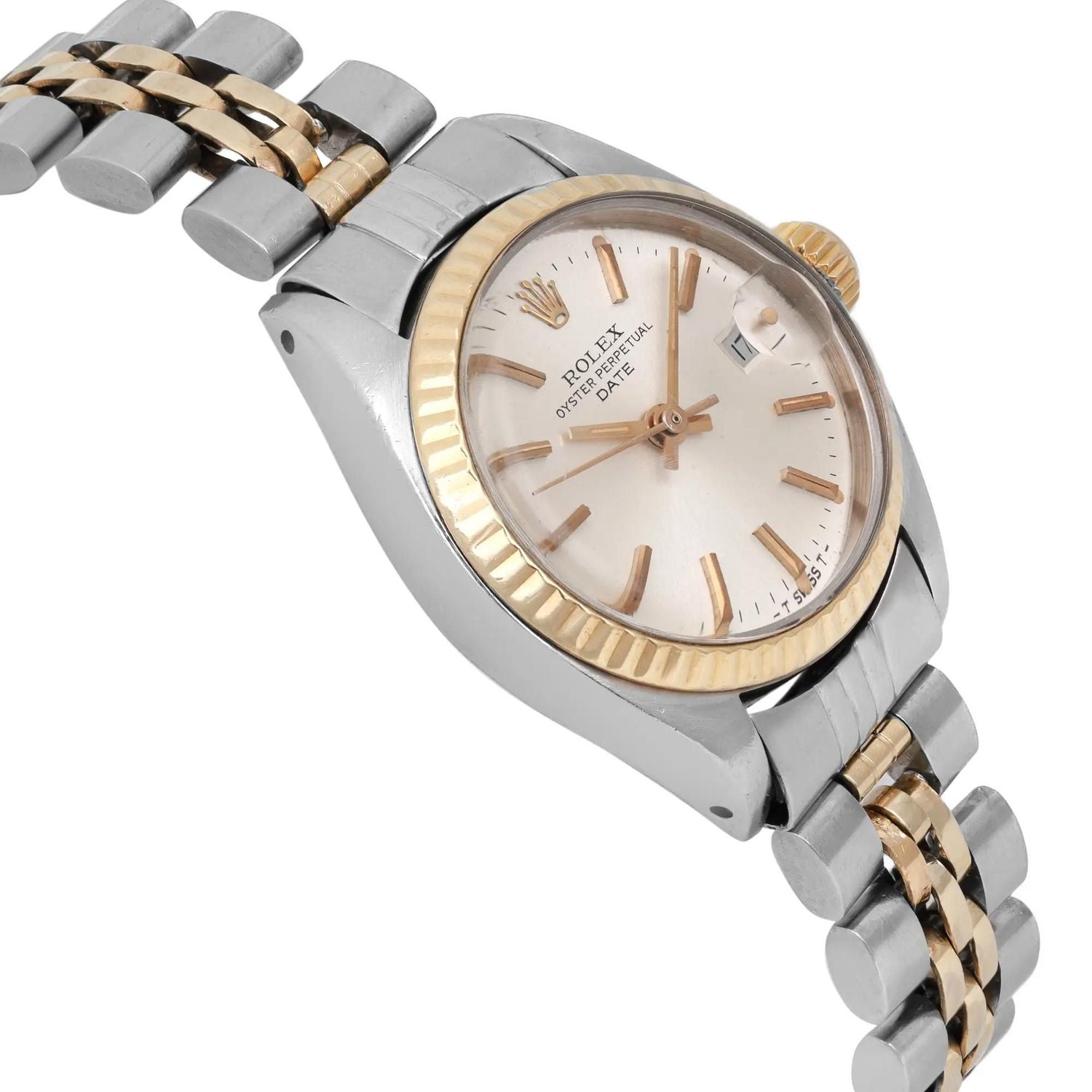 Rolex Date 14K Yellow Gold Steel Silver Dial Automatic Ladies Watch 6917