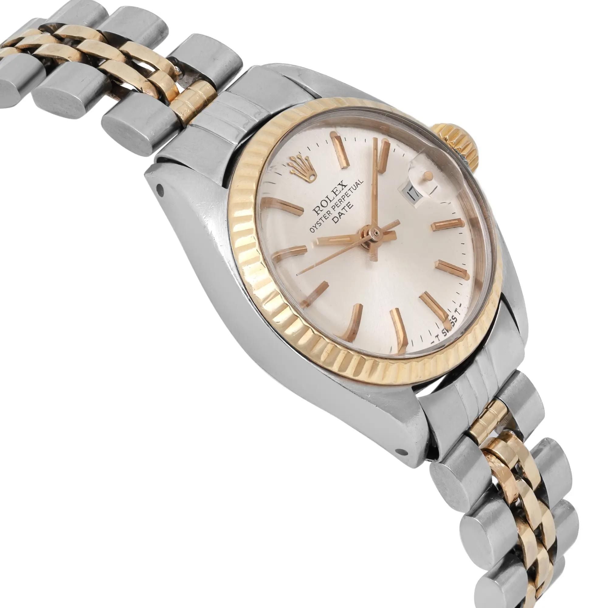 Rolex Date 14K Yellow Gold Steel Silver Dial Automatic Ladies Watch 6917