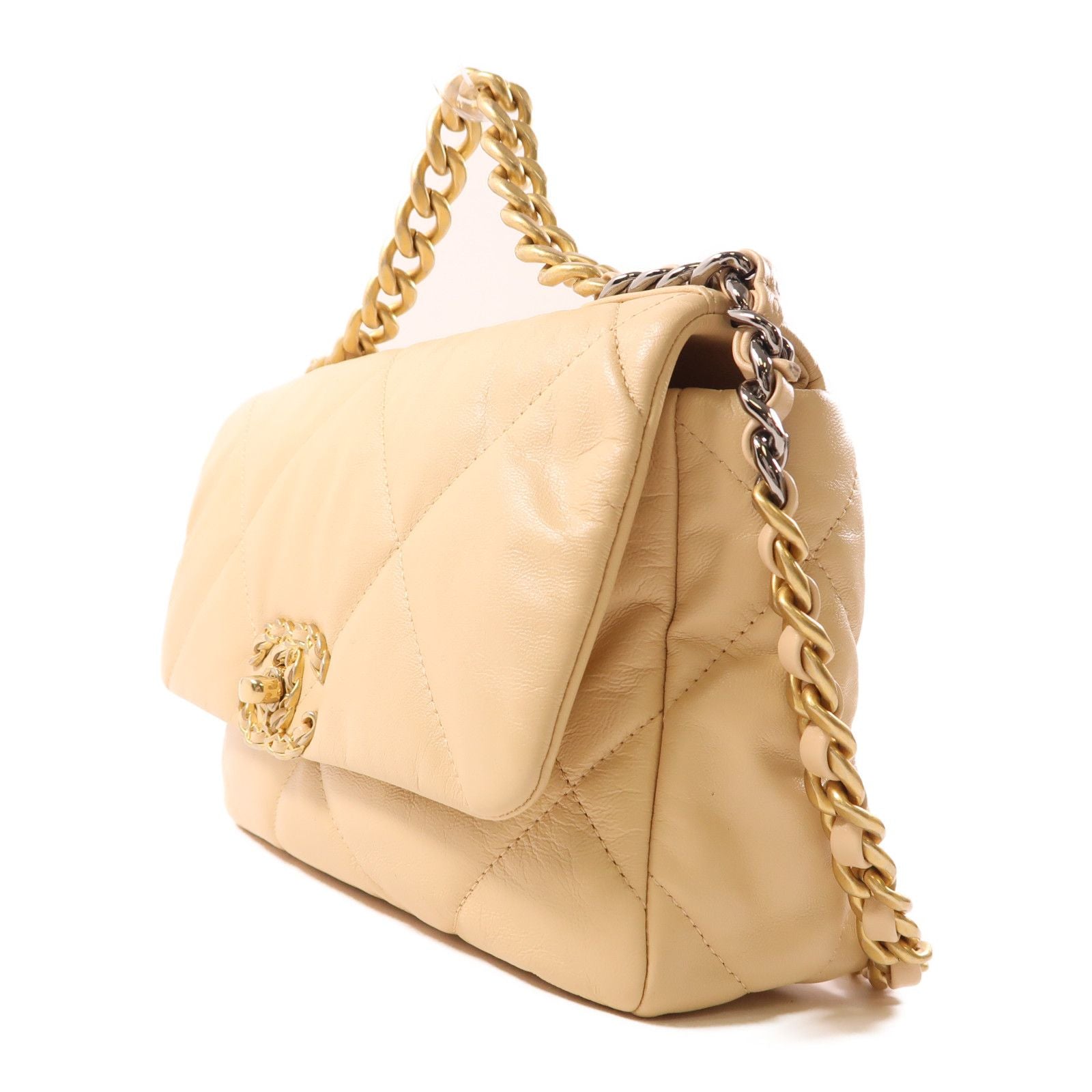 Chanel Beige Sheepskin Leather 19 Hand-turned Shoulder And Back Bag 2way Shoulder Bag Lambskin (sheep Leath