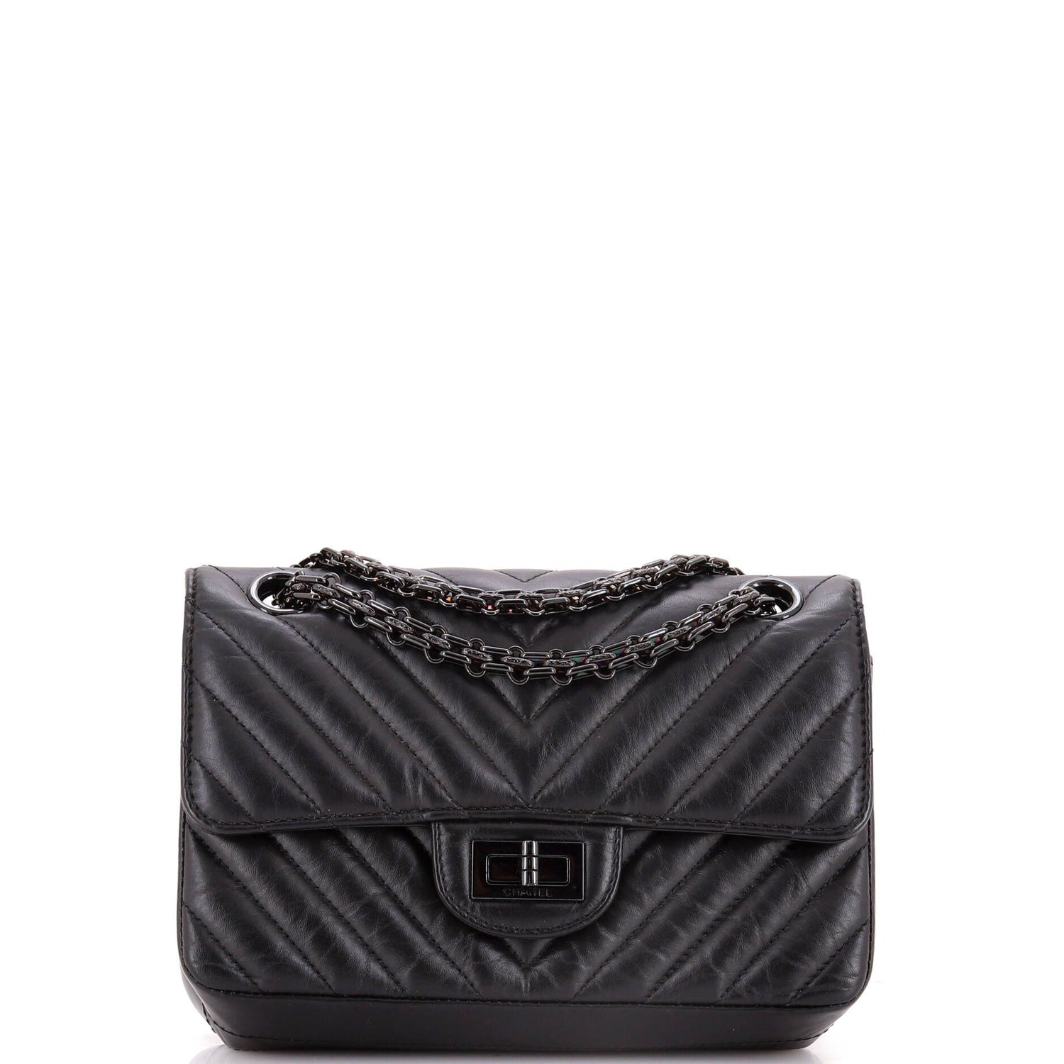 Chanel So Black Reissue 2.55 Flap Bag Chevron Aged Calfskin Mini