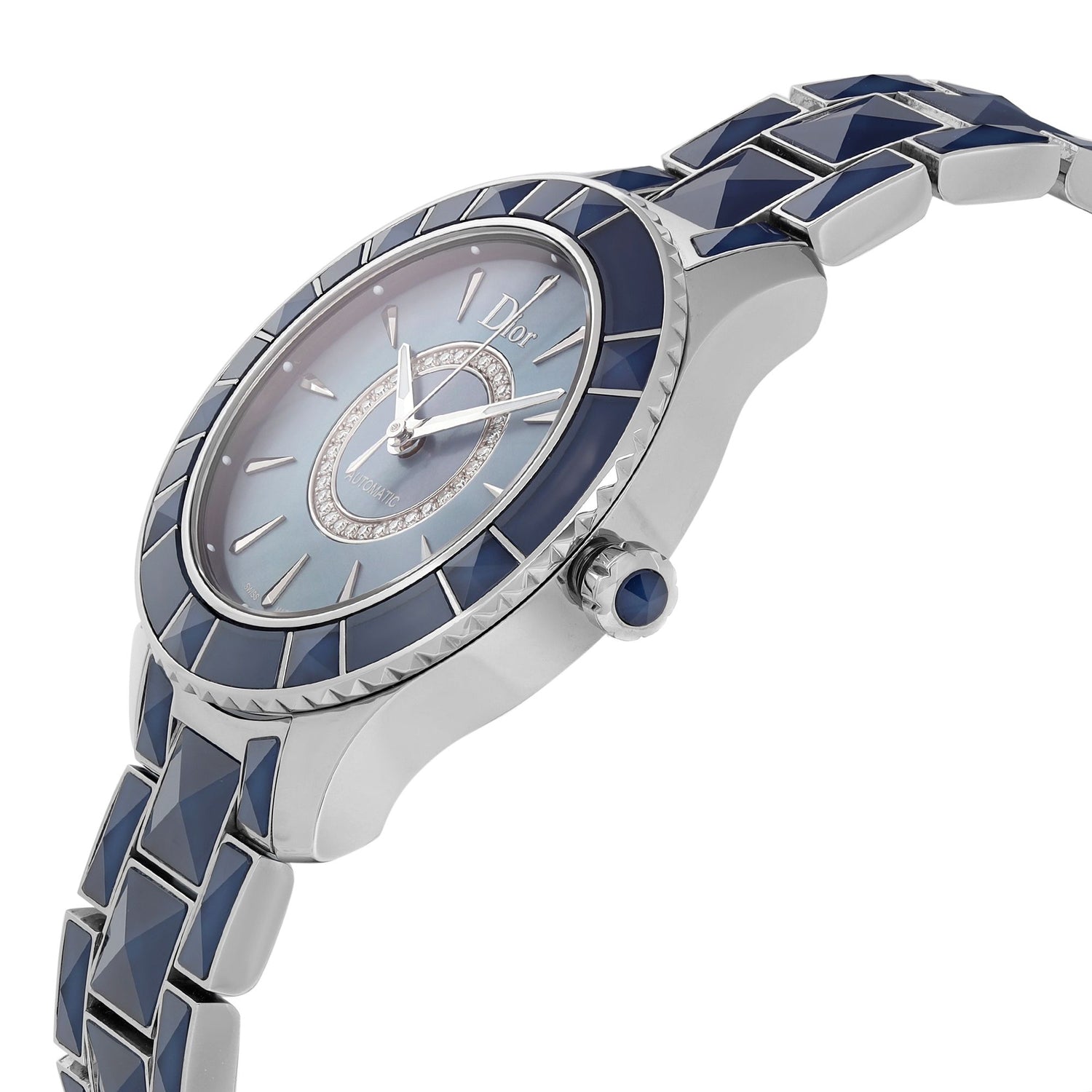 Christian Dior Christal Steel Blue MOP Diamond Dial Automatic Watch CD144517M001