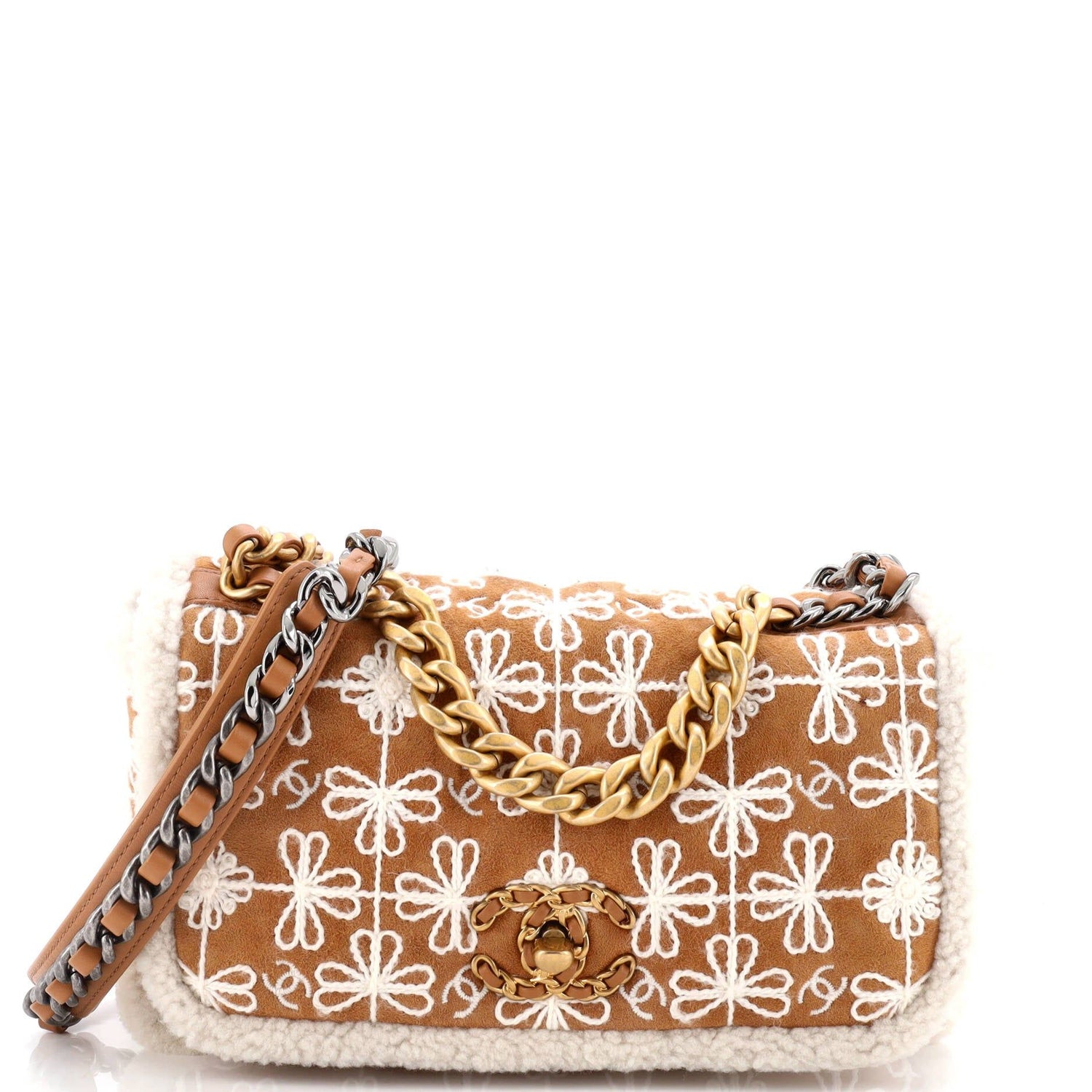 Chanel Flap Bag Embroidered Suede With Shearling Medium