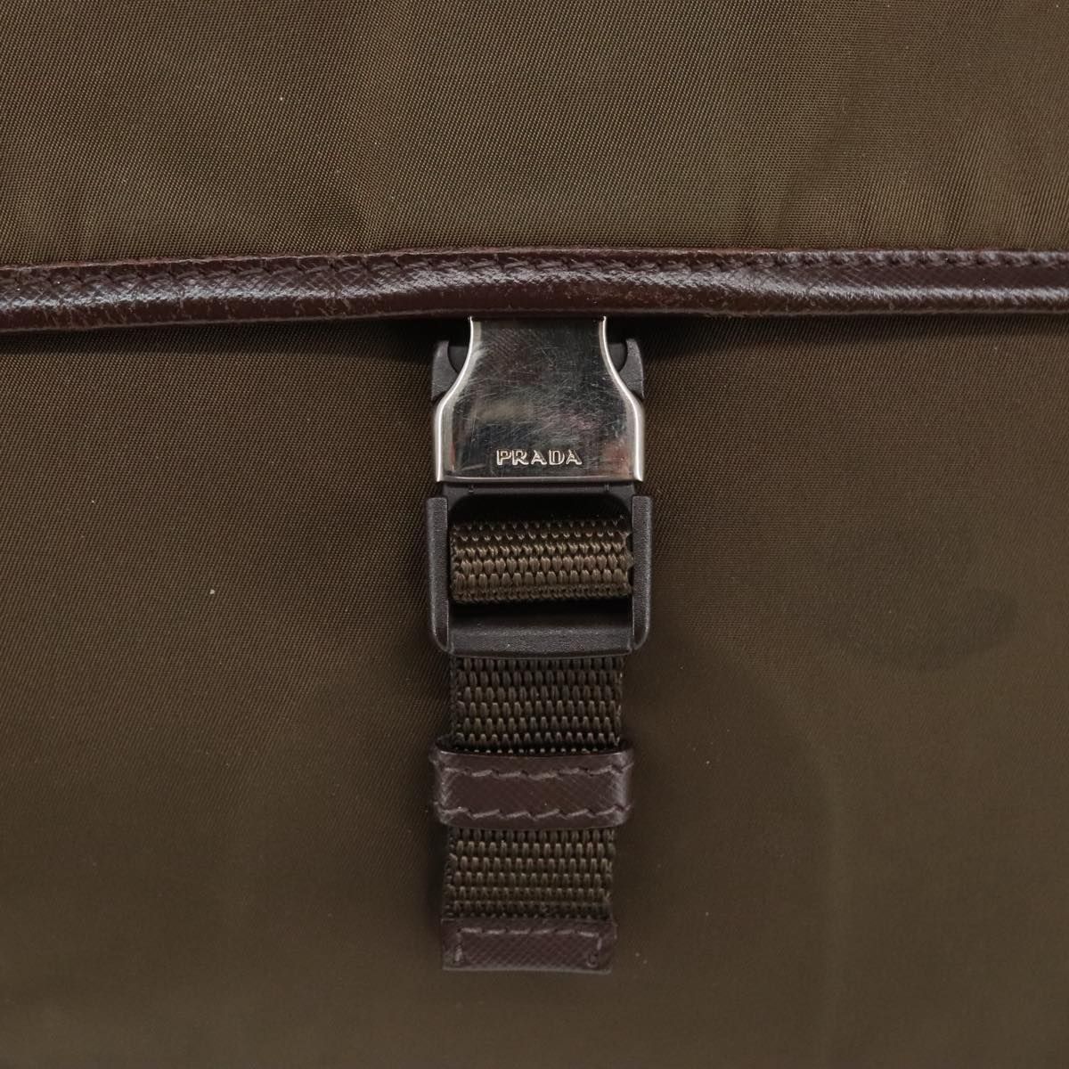 Prada Shoulder Bag Nylon Khaki Brown Silver Auth