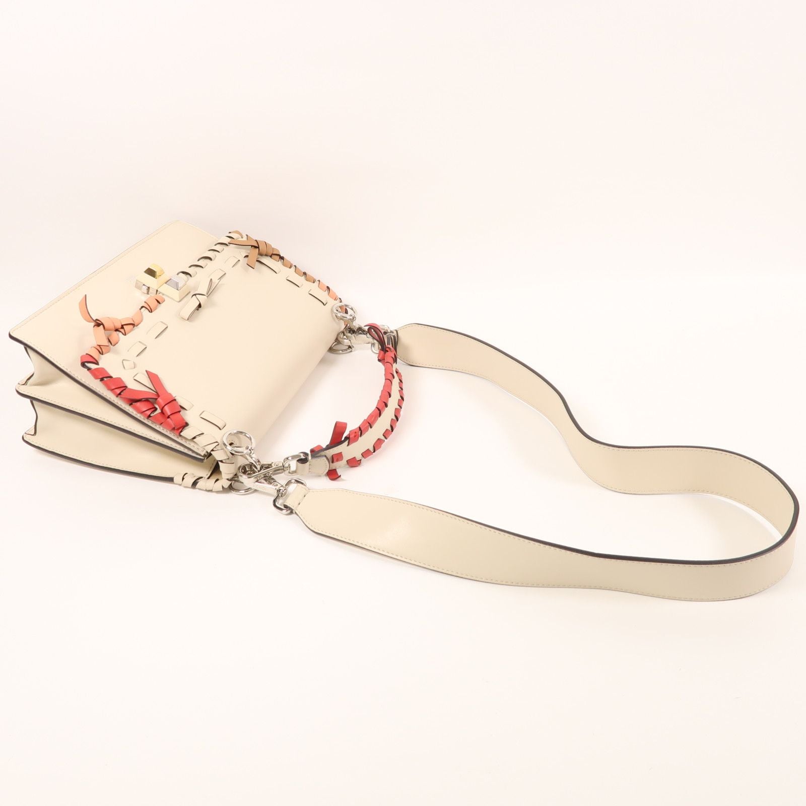 Fendi Cowhide Leather Vitello Bow Kan I Silver Hand-handed Shoulder And Back Bag 2way Shoulder Bag Beige White Calfskin