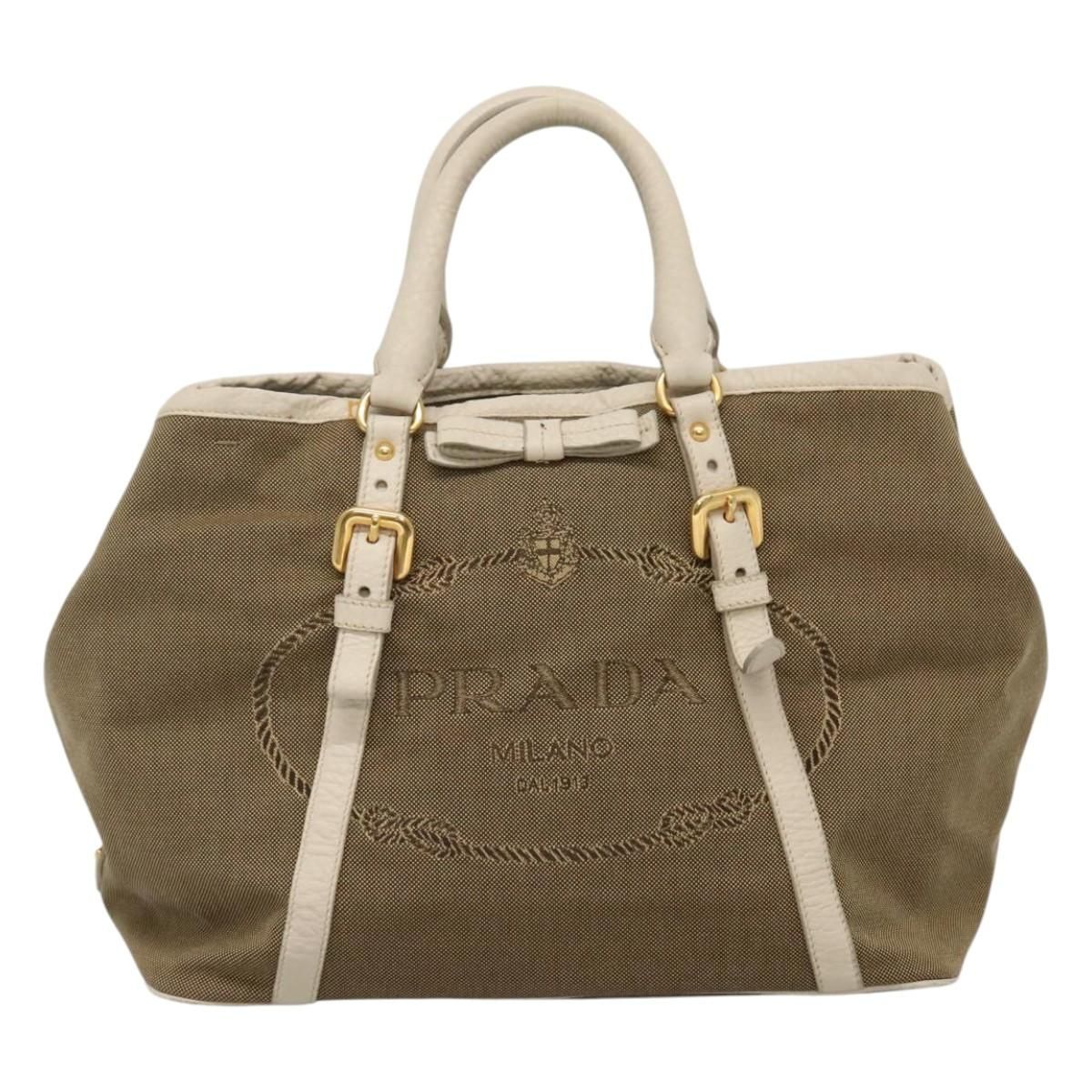 Prada Hand Bag Canvas Beige White Gold Auth