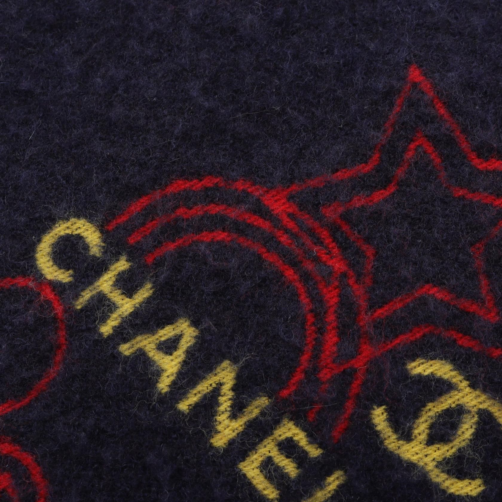 Chanel Navy Multicolor Coco Mark Camelia Scarf Wool Silk Cashmere