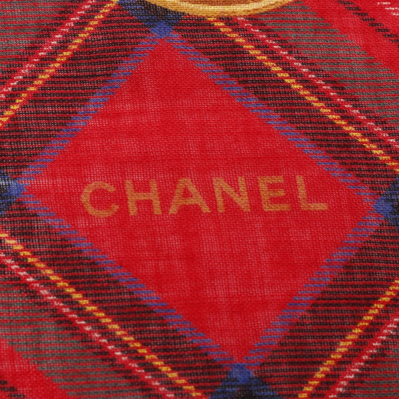 Chanel Red Multicolor Coco Mark Scarf Silk Cashmere