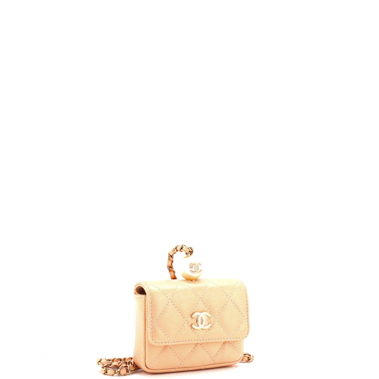 Chanel CC Pearl Coin Card Holder With Chain Quilted Caviar