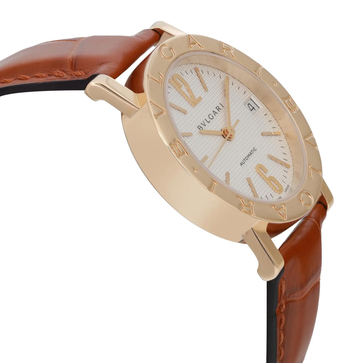 Bvlgari 33mm 18k Yellow Gold White Dial Leather Strap Automatic Watch BB33GL
