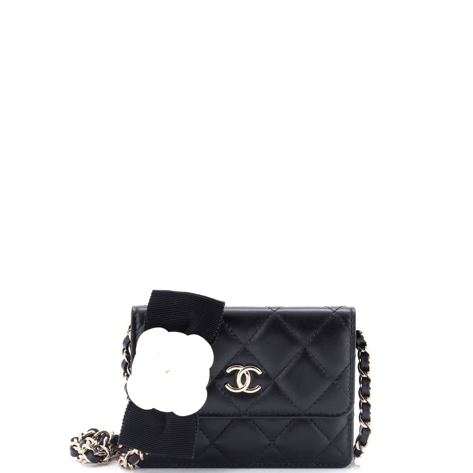 Chanel Camellia Bow Flap Card Holder With Chain Quilted Lambskin