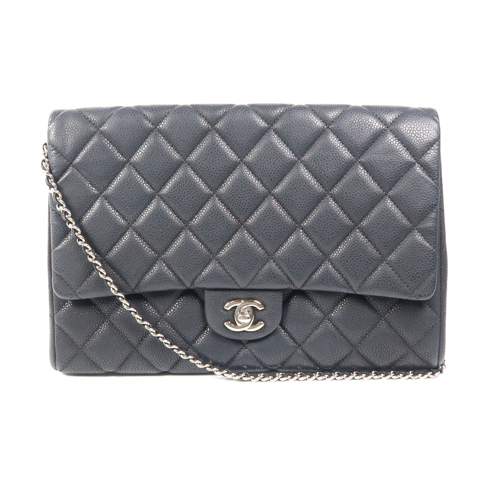 Chanel Black Cowhide Leather Clutch With Chain Silver Cross Shoulder Back Bag Calfskin (cowhide)