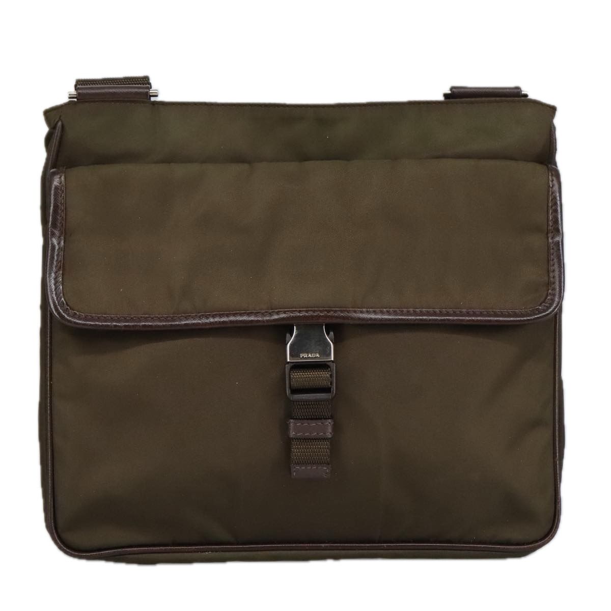 Prada Shoulder Bag Nylon Khaki Brown Silver Auth