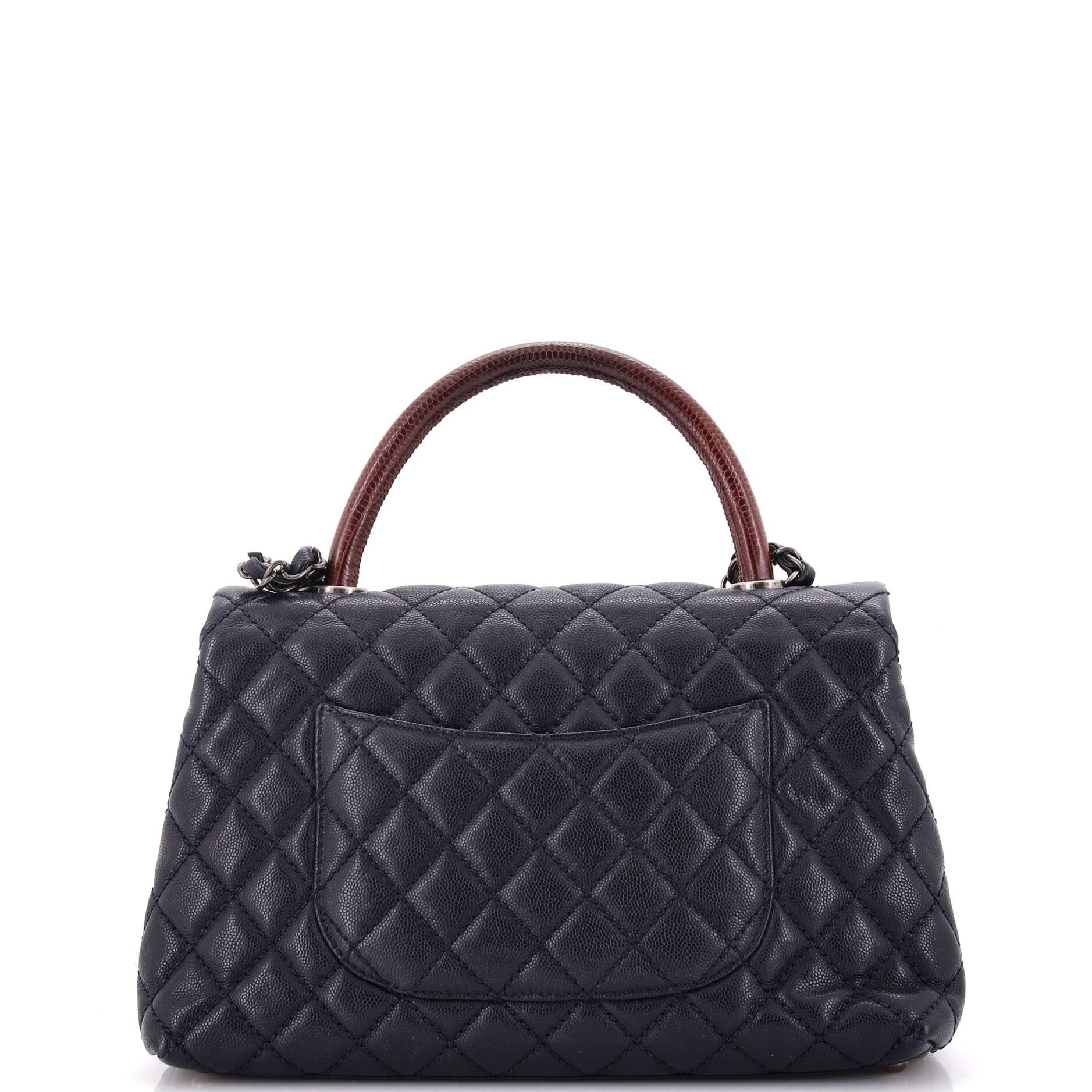 Chanel Coco Top Handle Bag Quilted Caviar With Lizard Small