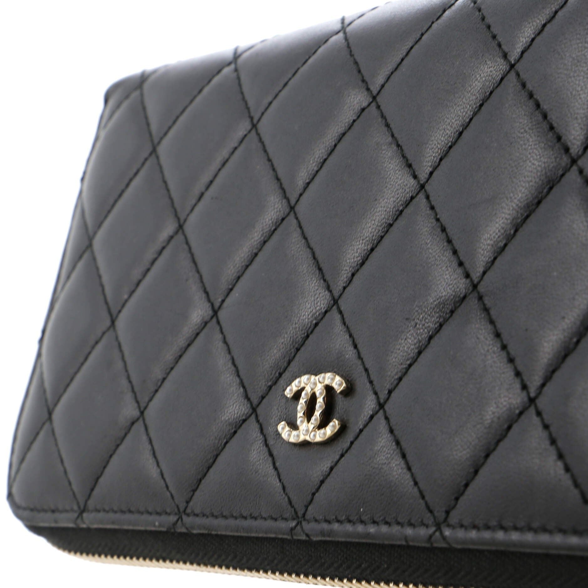 Chanel Zip Around Wallet With Pearl Chain Quilted Lambskin Long